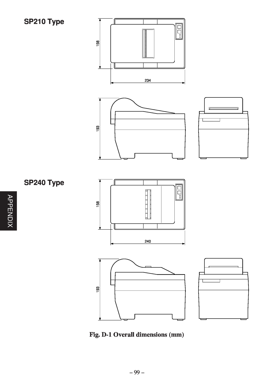 Star Micronics SP200F user manual SP210 Type, SP240 Type, Appendix, Fig. D-1 Overall dimensions mm, 158 234 193, 158 240 