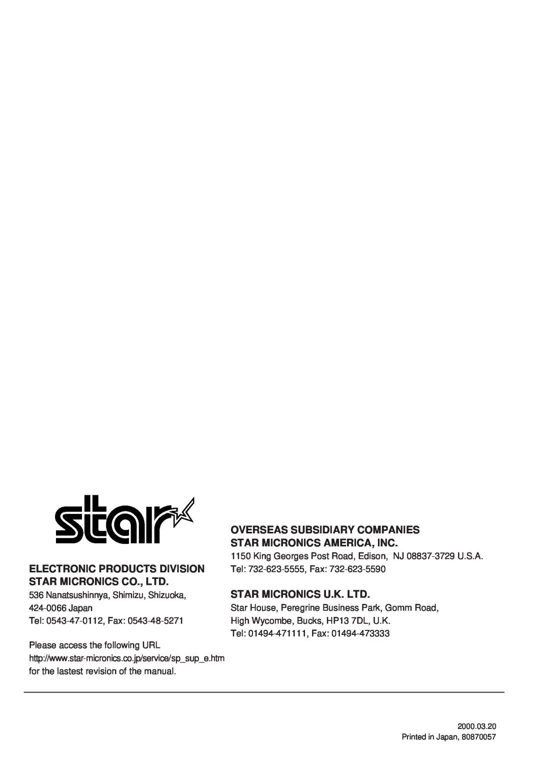 Star Micronics SP200F Overseas Subsidiary Companies, Star Micronics America, Inc, Electronic Products Division, Japan 