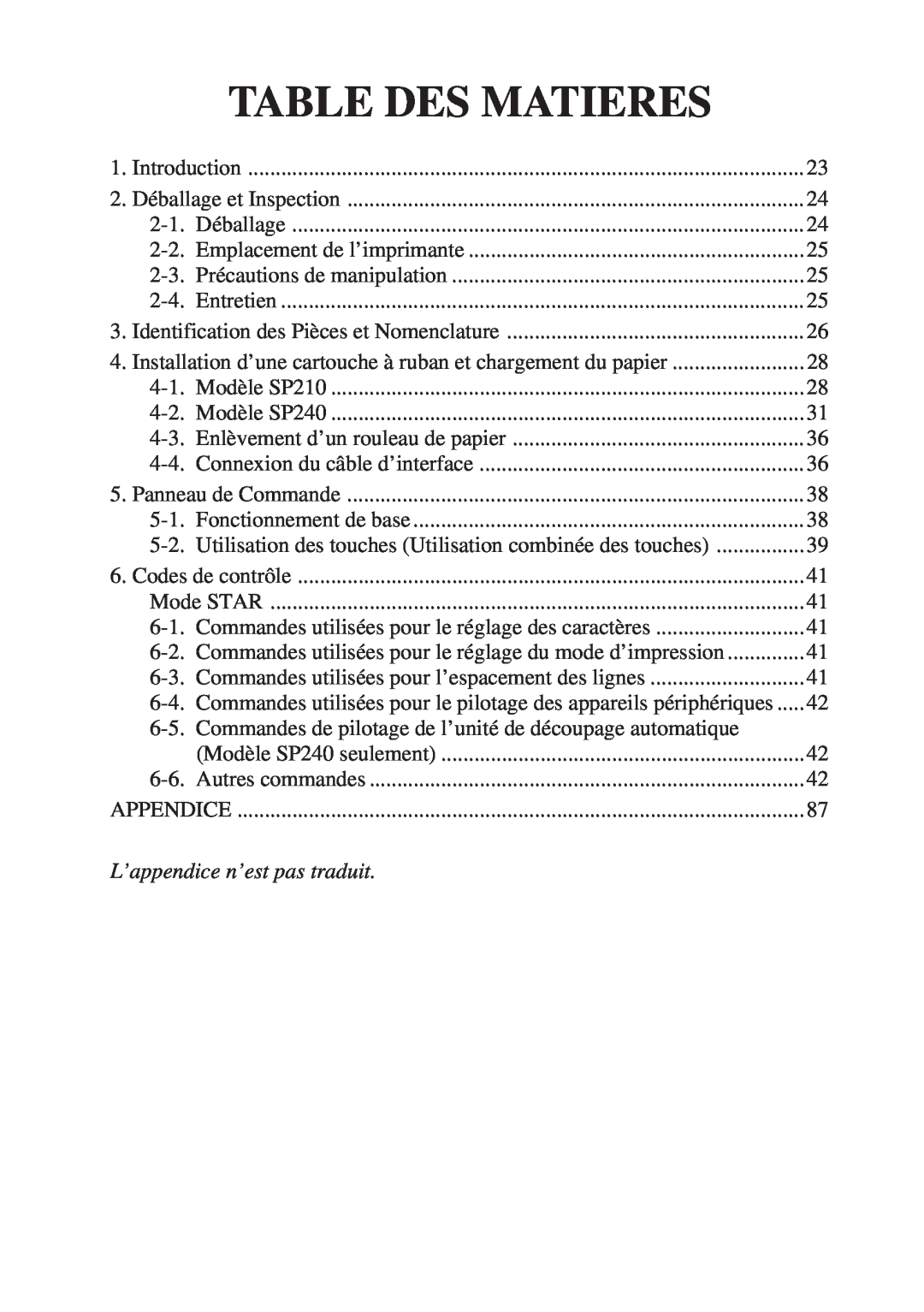 Star Micronics SP200F user manual Table Des Matieres, L’appendice n’est pas traduit, Français 