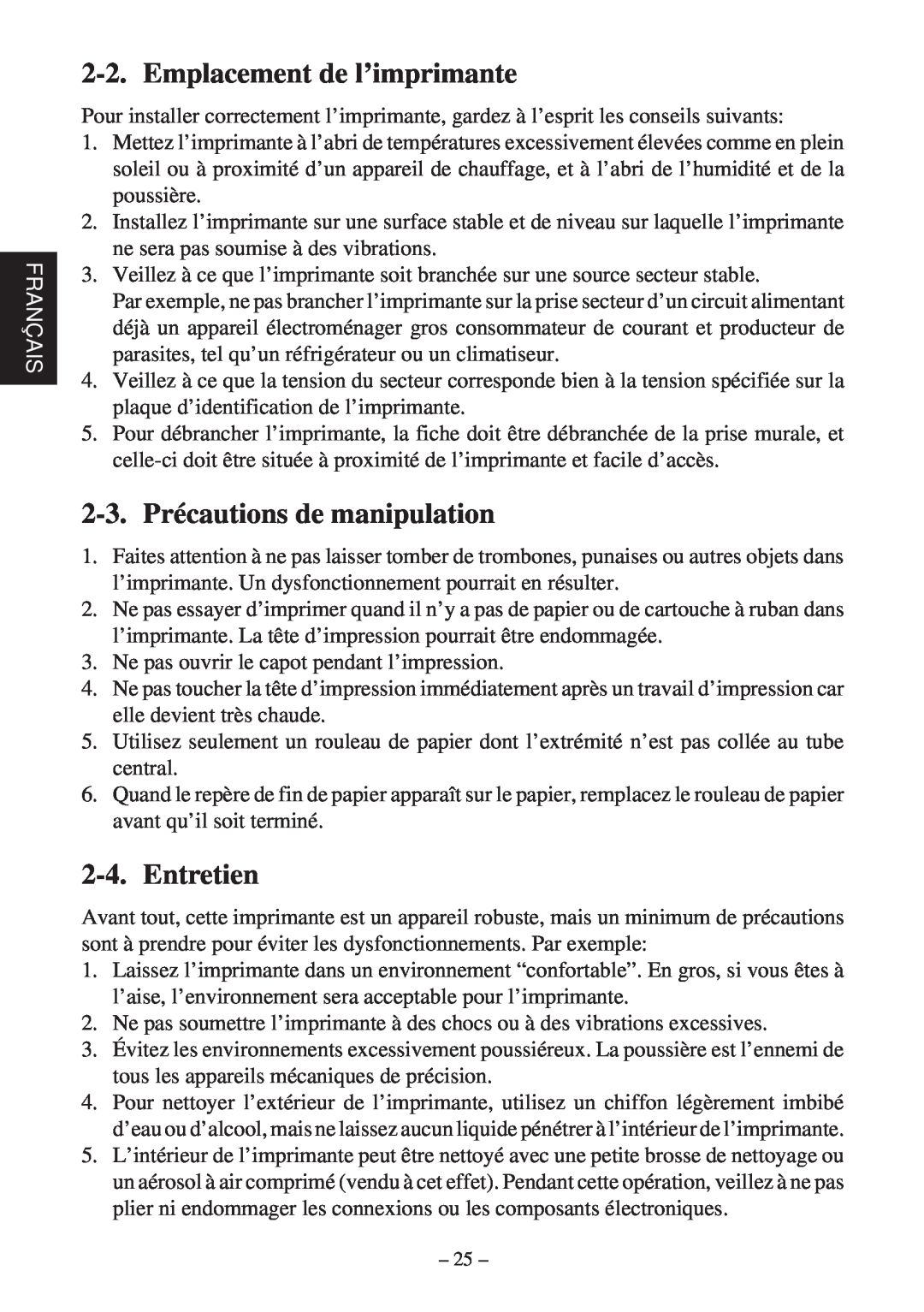 Star Micronics SP200F user manual Emplacement de l’imprimante, 2-3. Précautions de manipulation, Entretien, Français 