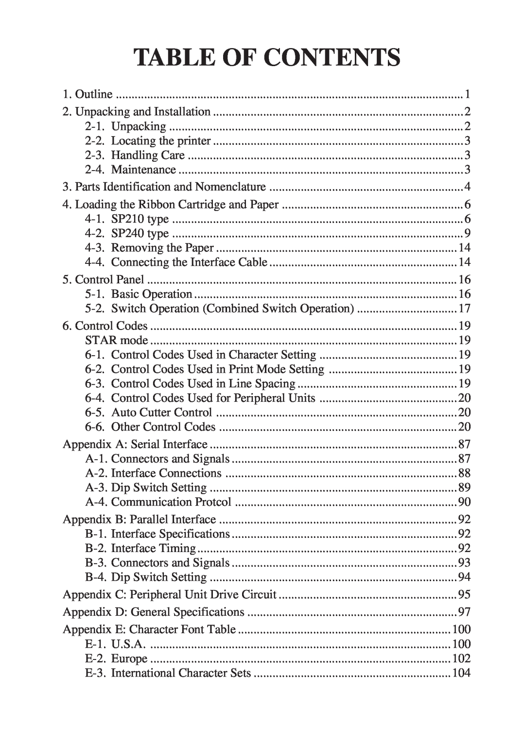 Star Micronics SP200F user manual Table Of Contents 