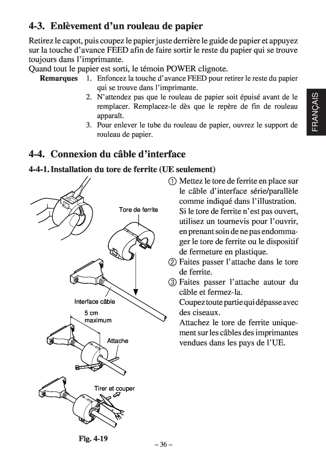 Star Micronics SP200F user manual Enlèvement d’un rouleau de papier, Connexion du câble d’interface 