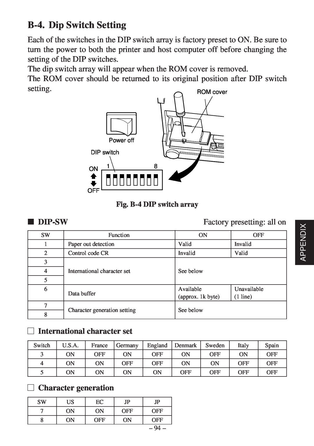 Star Micronics SP200F user manual B-4. Dip Switch Setting, Character generation, Dip-Sw, International character set 