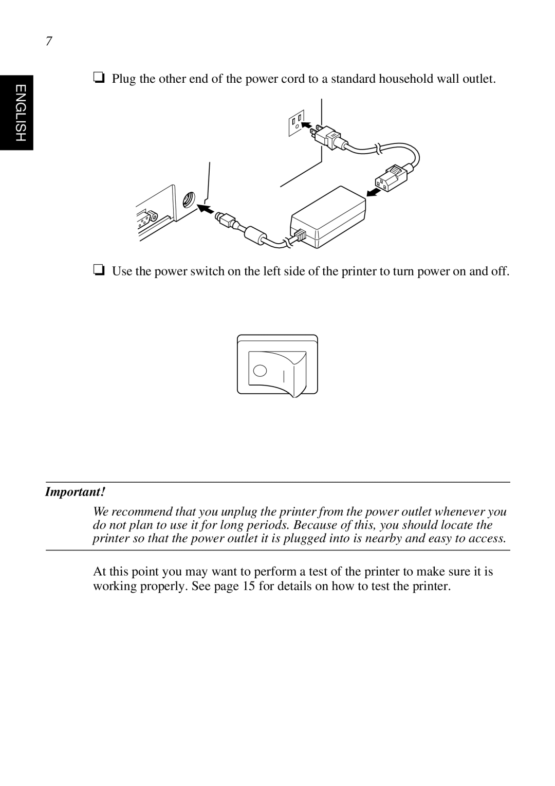 Star Micronics SP298 user manual Plug the other end of the power cord to a standard household wall outlet, English 