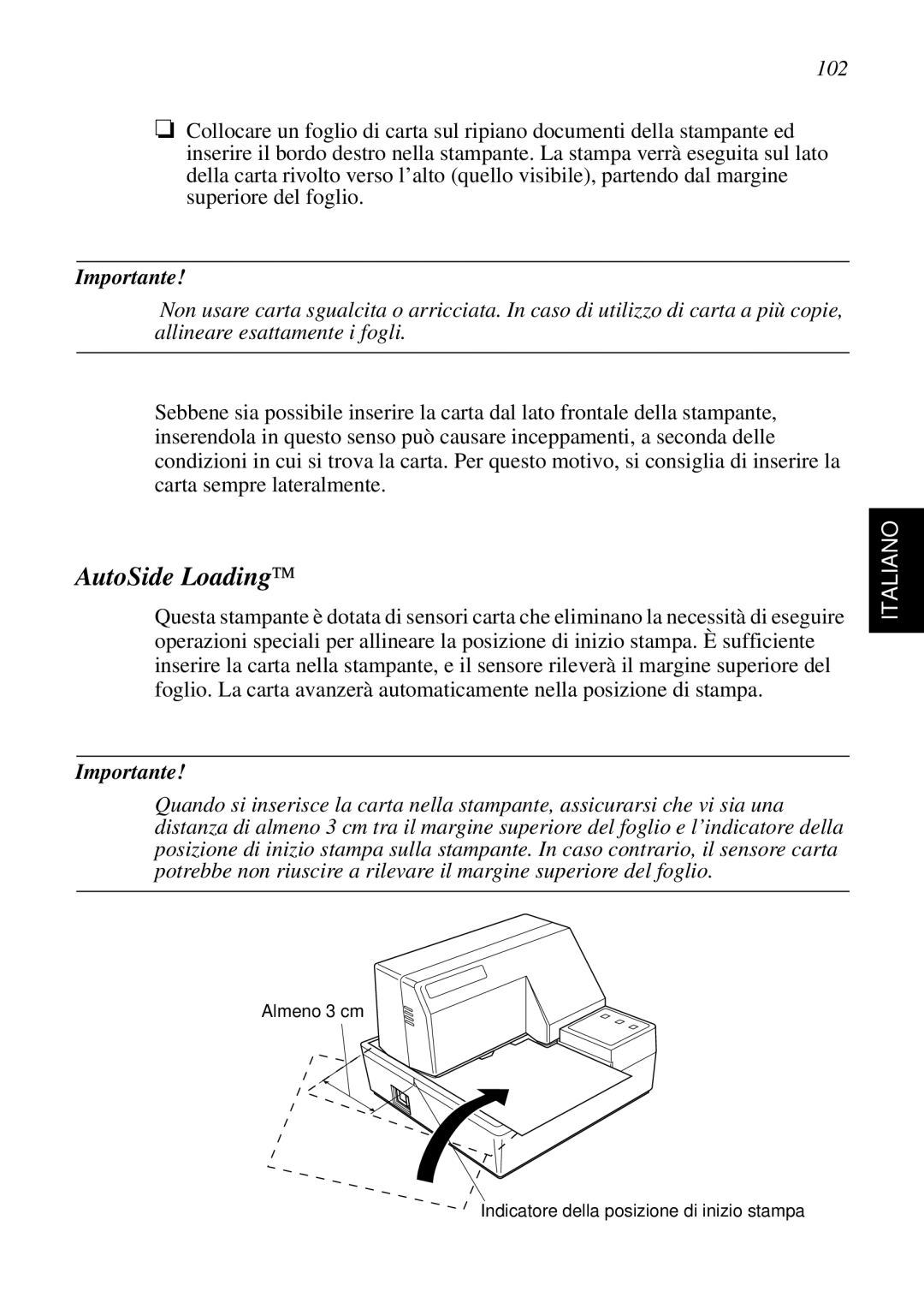 Star Micronics SP298 user manual AutoSide Loading, Importante, Italiano 