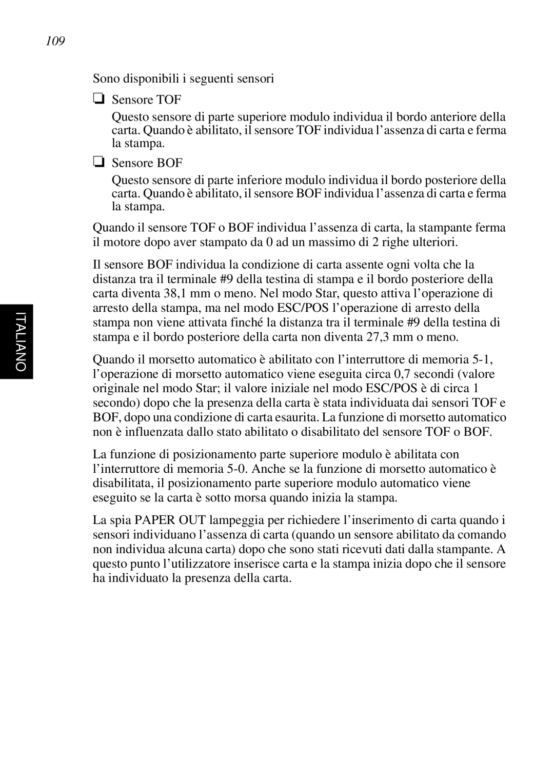 Star Micronics SP298 user manual Italiano, Sono disponibili i seguenti sensori Sensore TOF 