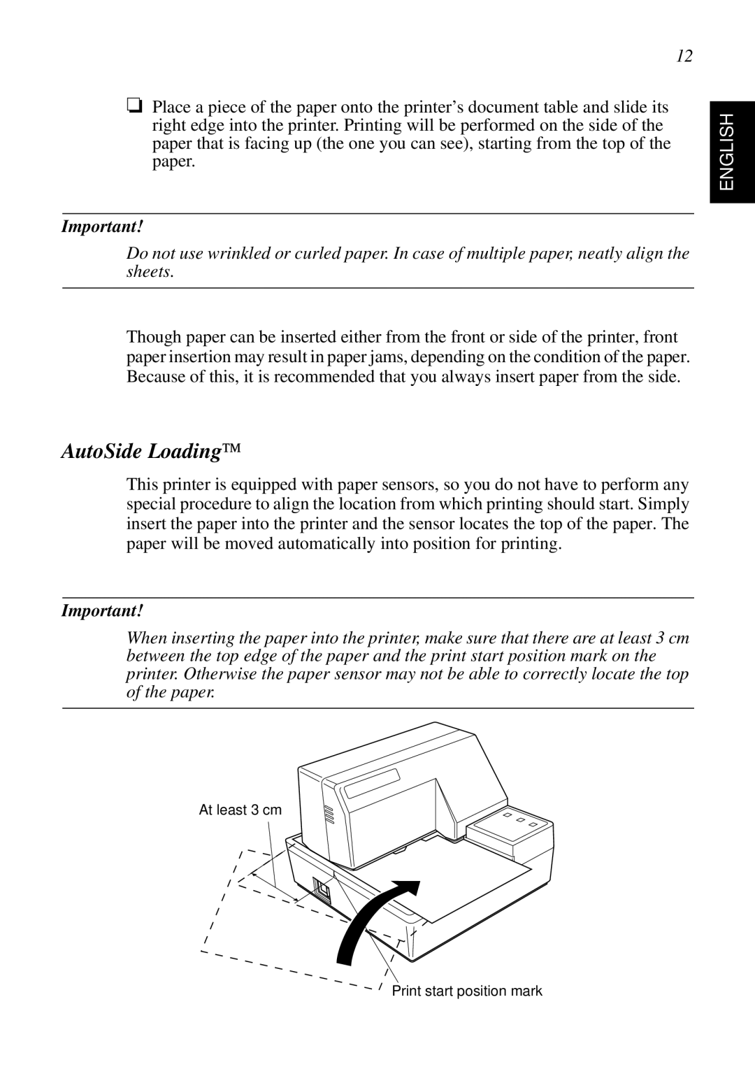 Star Micronics SP298 user manual AutoSide Loading, English, At least 3 cm, Print start position mark 
