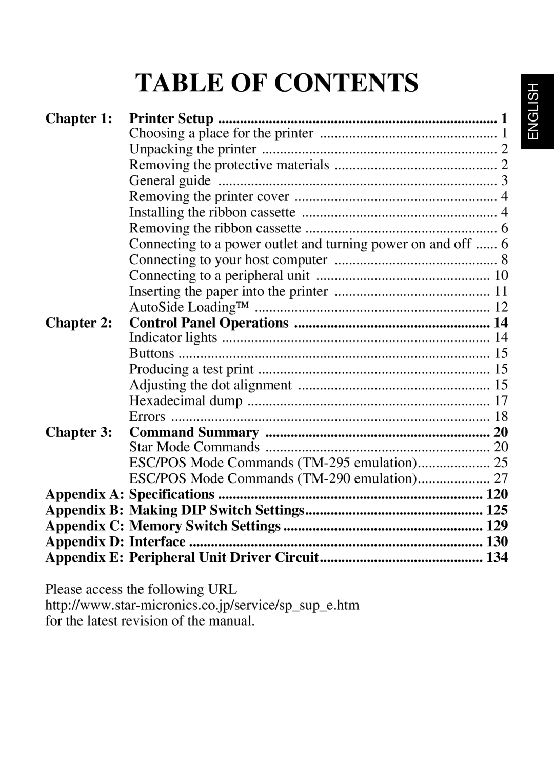 Star Micronics SP298 Table Of Contents, Chapter, ESC/POS Mode Commands TM-295 emulation, Printer Setup, Command Summary 