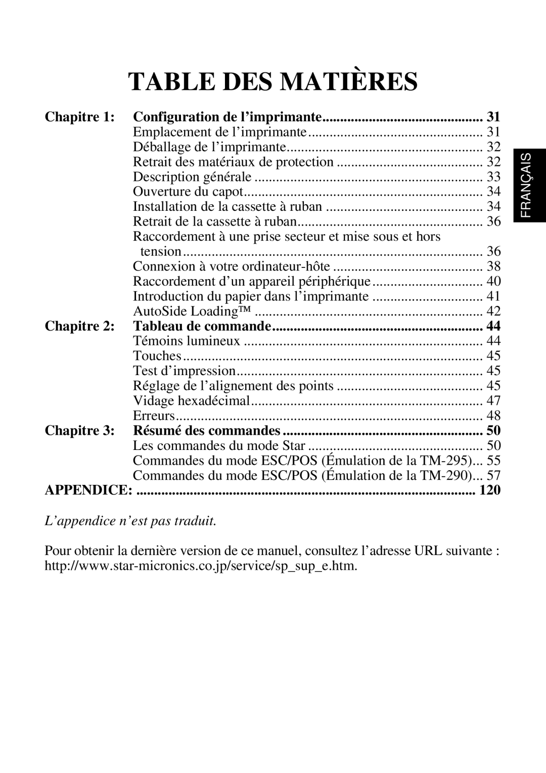 Star Micronics SP298 Table Des Matières, L’appendice n’est pas traduit, Chapitre 1 Configuration de l’imprimante, Français 