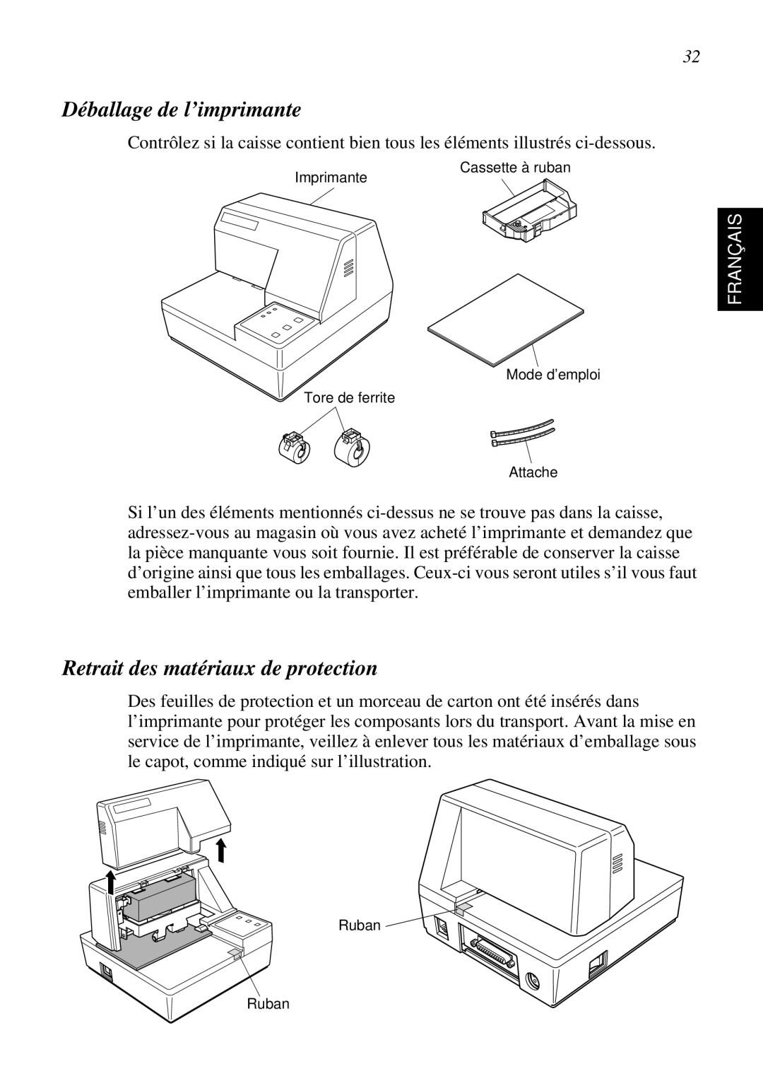 Star Micronics SP298 user manual Déballage de l’imprimante, Retrait des matériaux de protection, Français 