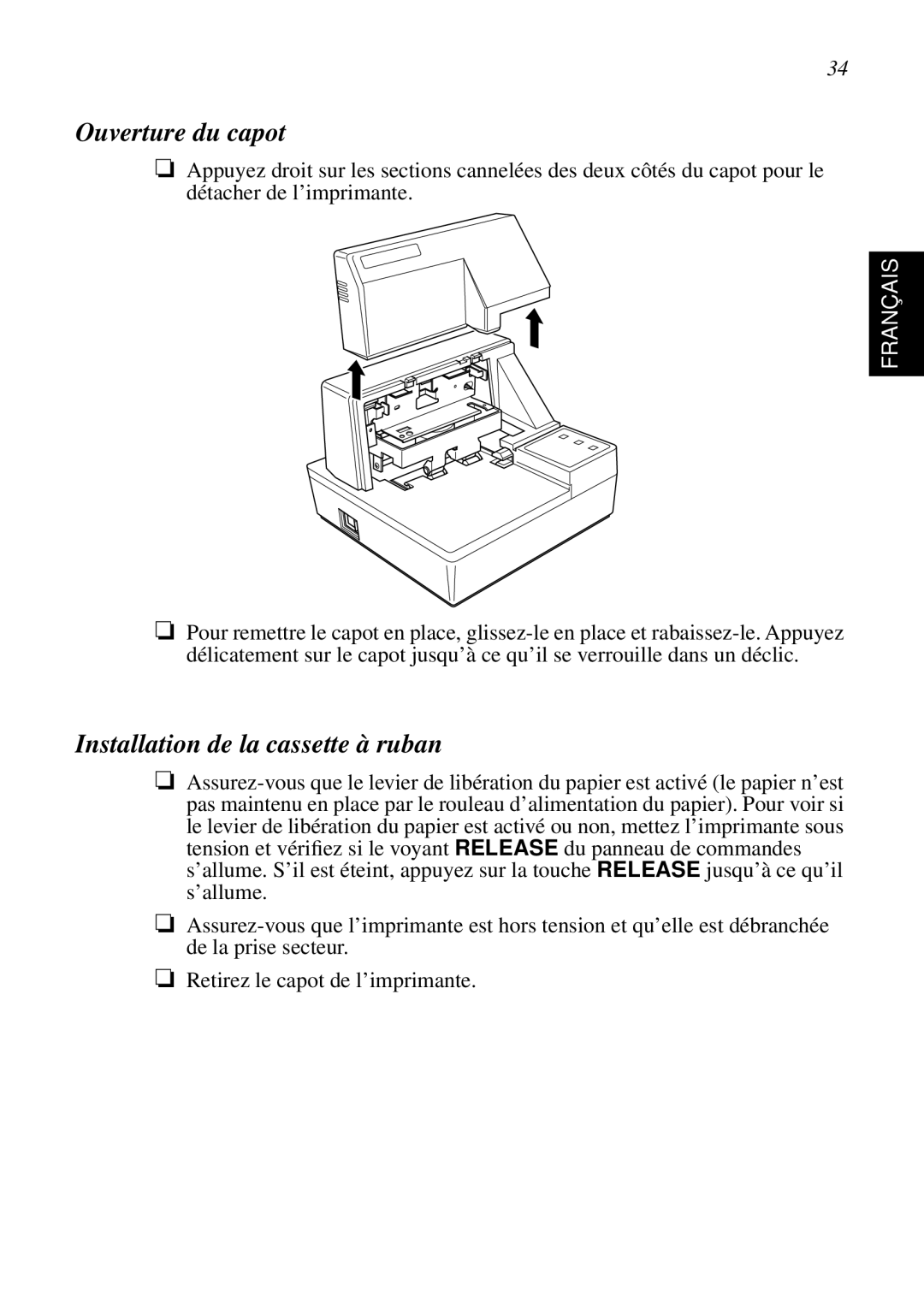 Star Micronics SP298 user manual Ouverture du capot, Installation de la cassette à ruban, Français 