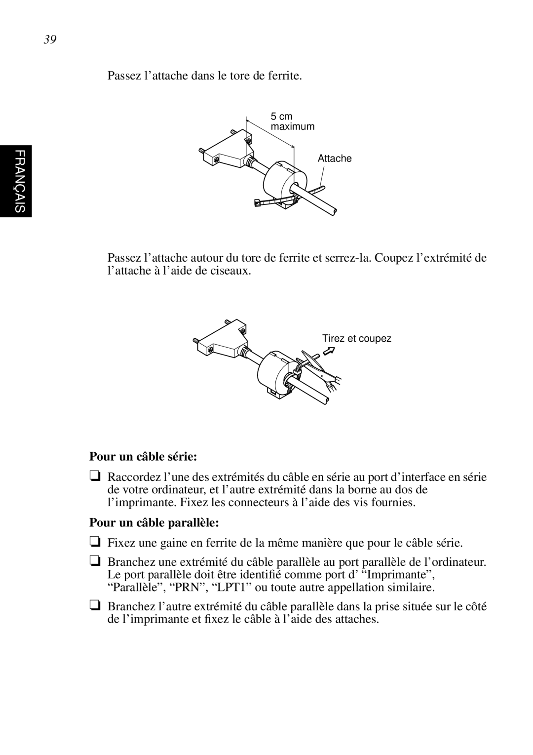 Star Micronics SP298 user manual Français, Pour un câble série, Pour un câble parallèle 