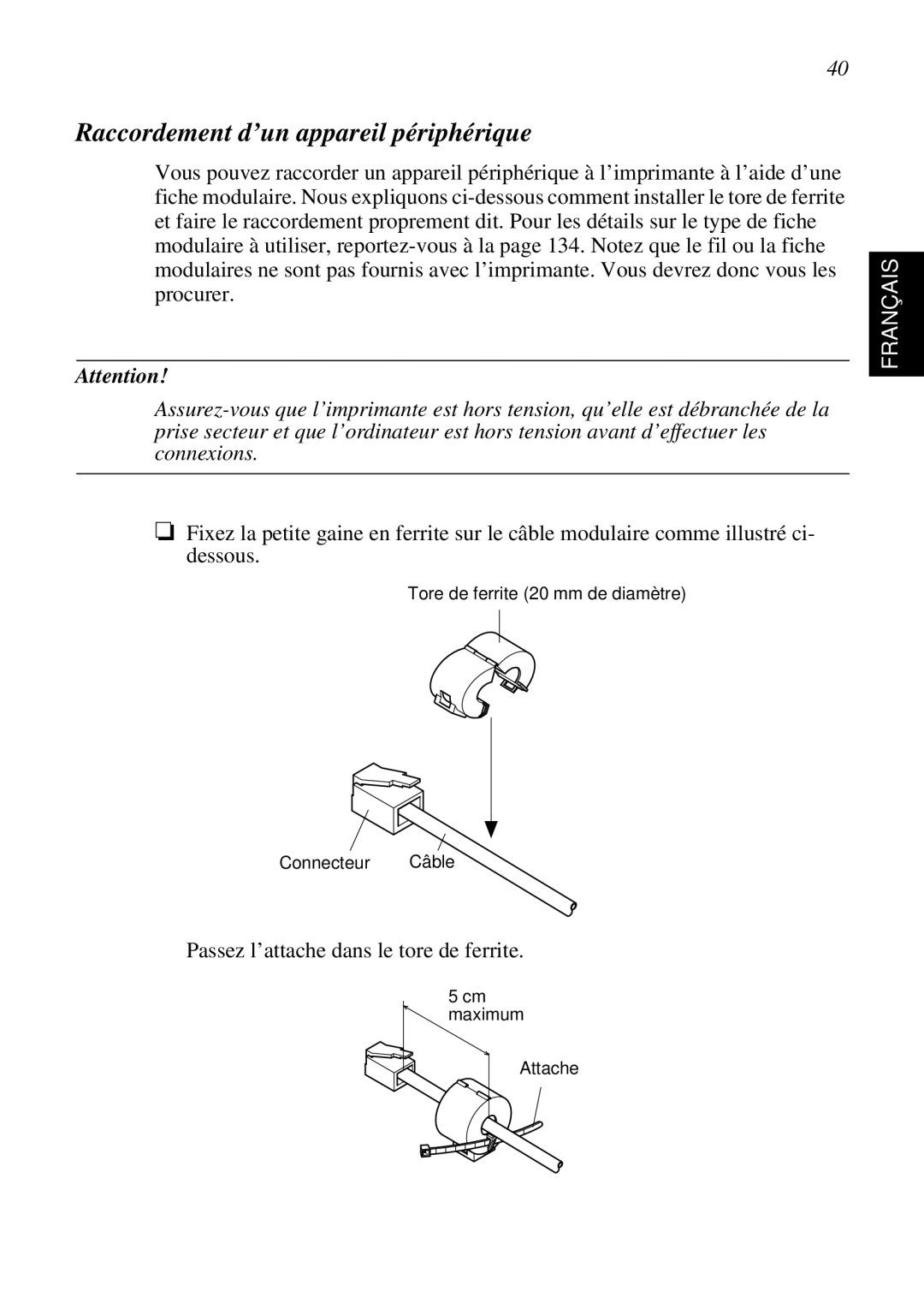 Star Micronics SP298 user manual Raccordement d’un appareil périphérique, Français 