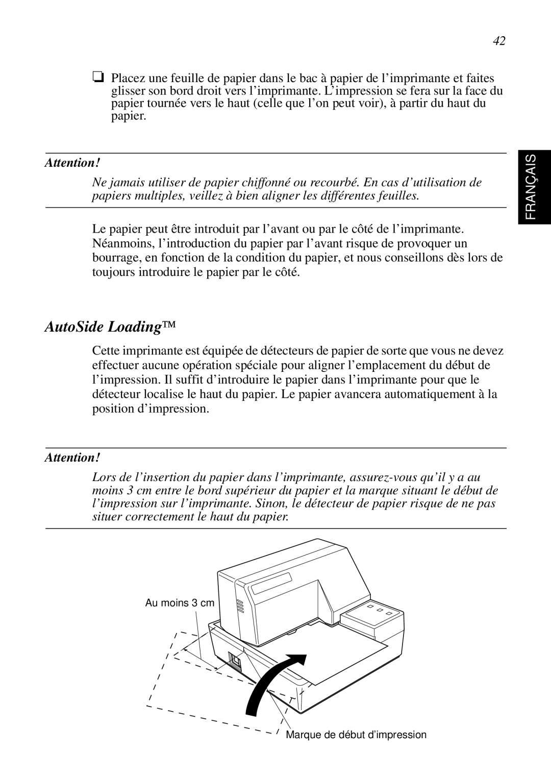 Star Micronics SP298 user manual AutoSide Loading, Français, Au moins 3 cm, Marque de début d’impression 