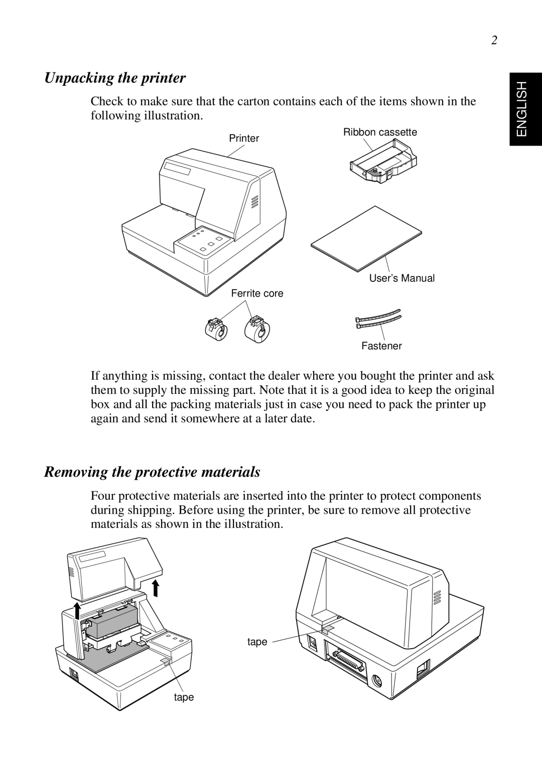 Star Micronics SP298 user manual Unpacking the printer, Removing the protective materials, English 
