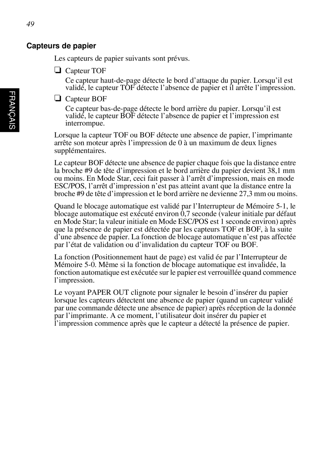 Star Micronics SP298 user manual Français, Capteurs de papier 