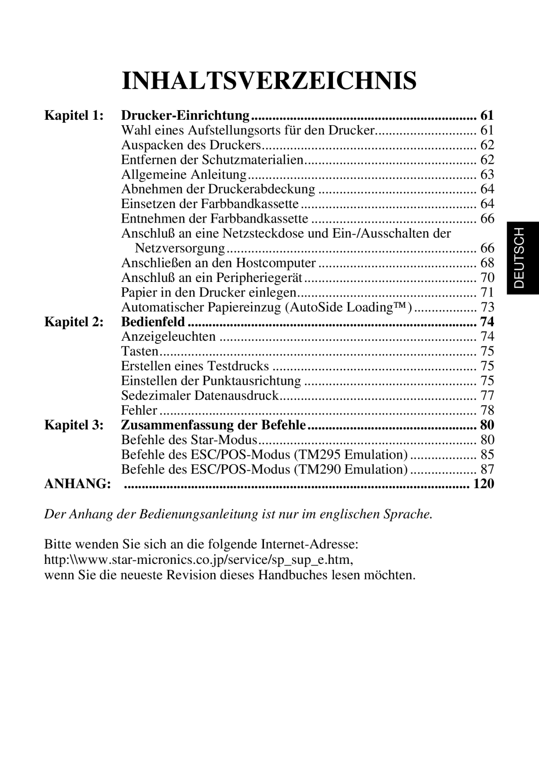 Star Micronics SP298 Inhaltsverzeichnis, Kapitel, Der Anhang der Bedienungsanleitung ist nur im englischen Sprache 