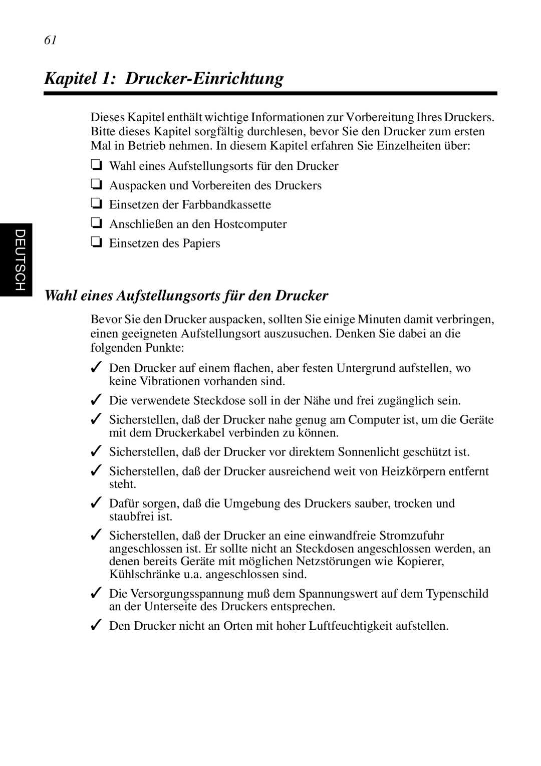 Star Micronics SP298 user manual Kapitel 1 Drucker-Einrichtung, Wahl eines Aufstellungsorts für den Drucker, Deutsch 