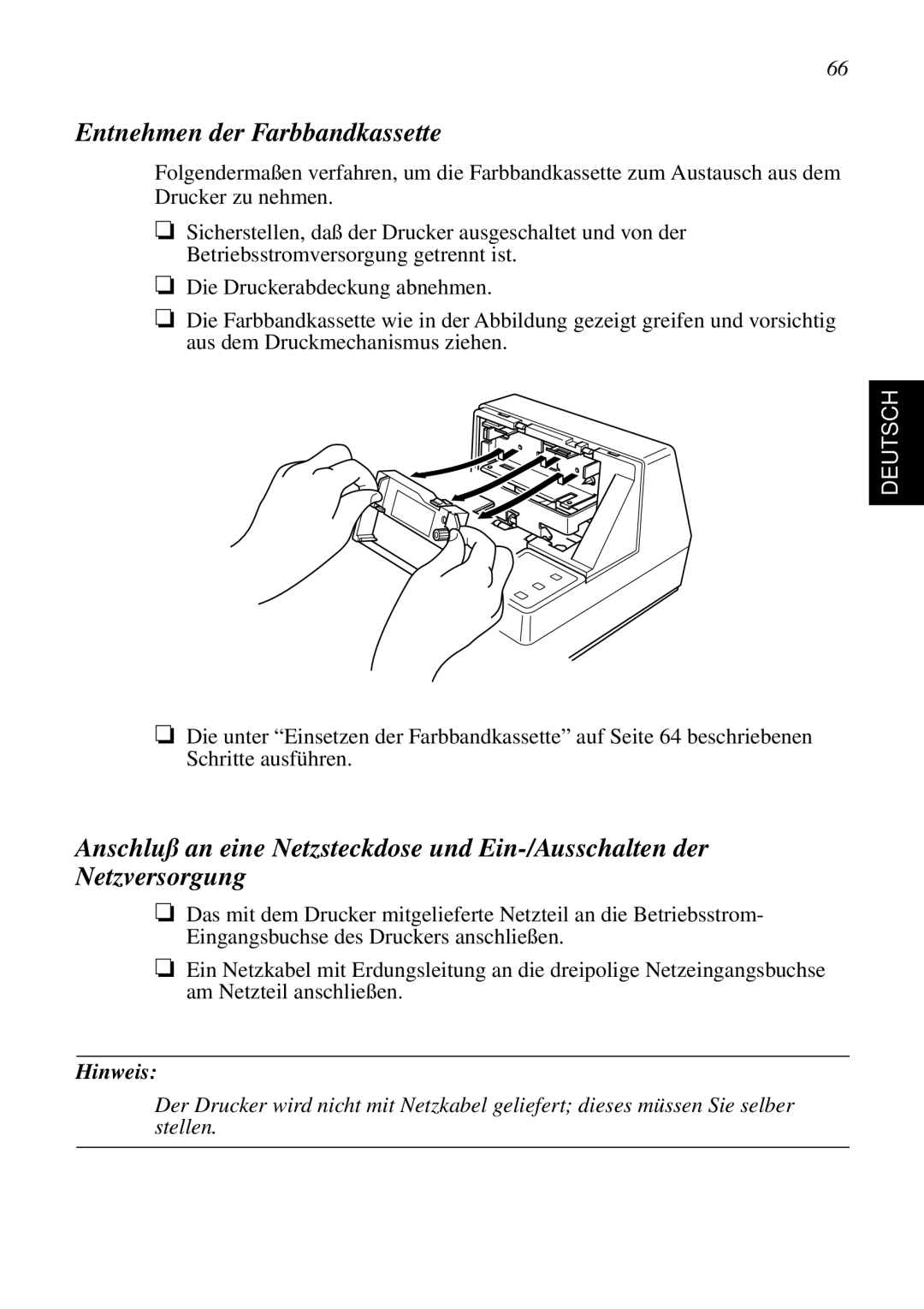 Star Micronics SP298 user manual Entnehmen der Farbbandkassette, Deutsch, Hinweis 