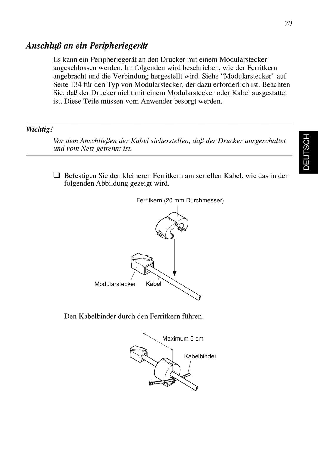 Star Micronics SP298 user manual Anschluß an ein Peripheriegerät, Wichtig, Deutsch 