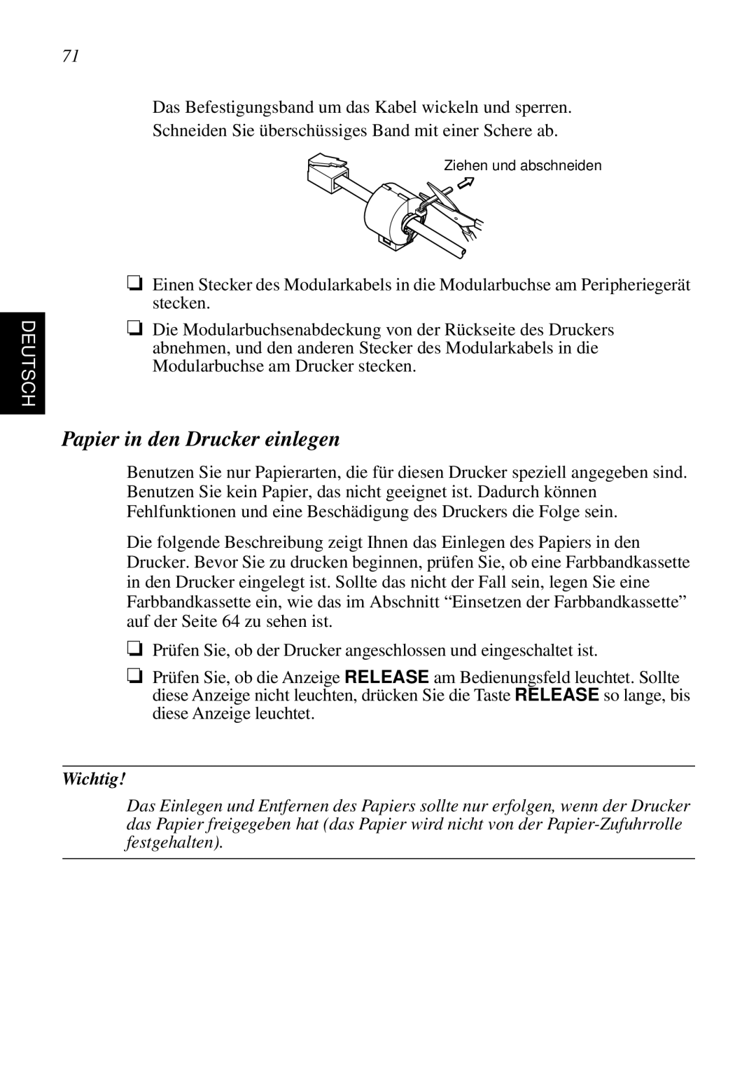 Star Micronics SP298 user manual Papier in den Drucker einlegen, Deutsch, Wichtig 
