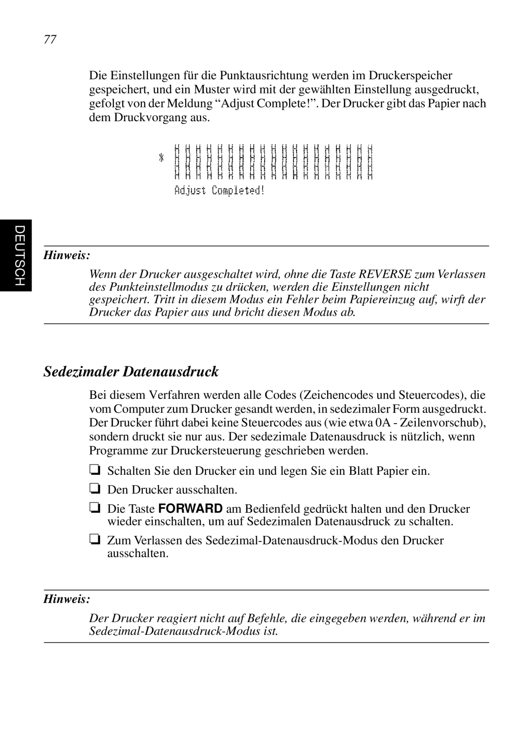 Star Micronics SP298 user manual Sedezimaler Datenausdruck, Deutsch, Hinweis 