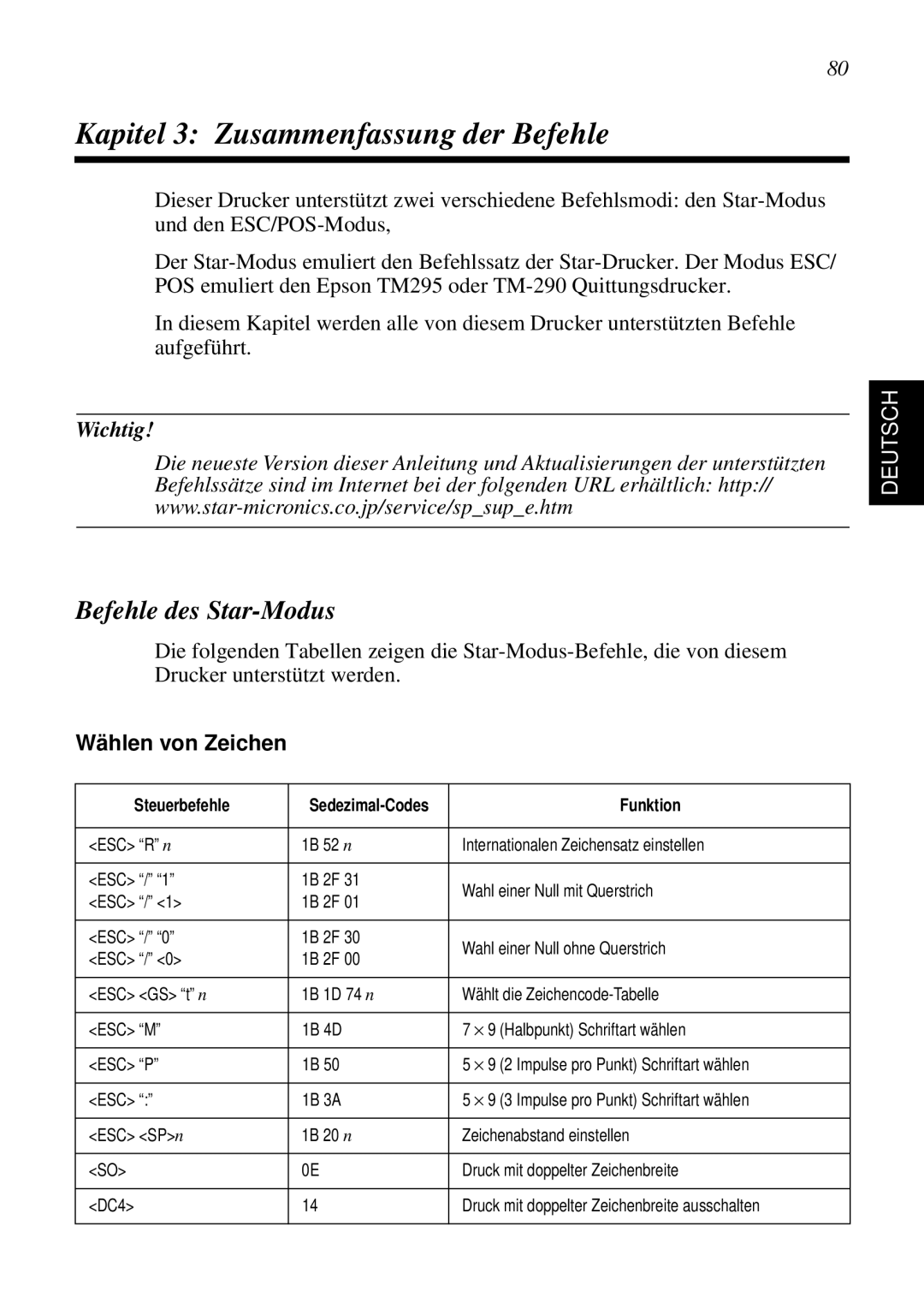 Star Micronics SP298 Kapitel 3 Zusammenfassung der Befehle, Befehle des Star-Modus, Wichtig, Deutsch, Wählen von Zeichen 