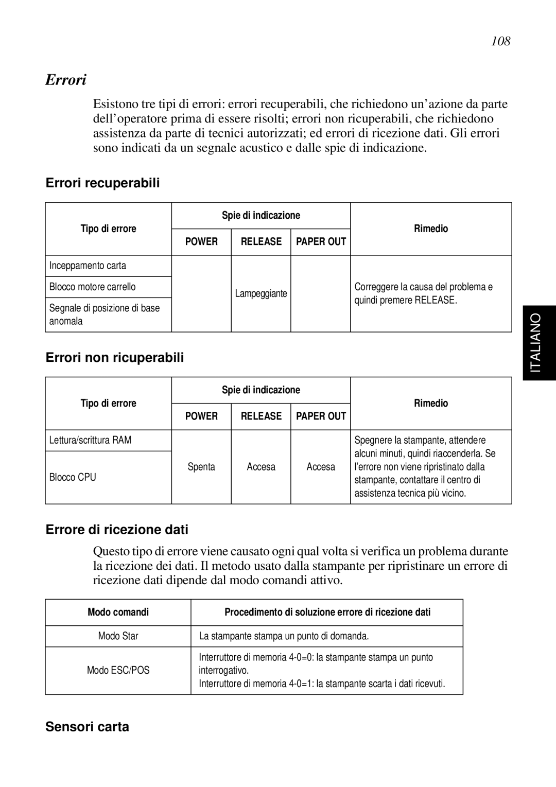 Star Micronics SP298 user manual Errori recuperabili, Errori non ricuperabili, Errore di ricezione dati, Sensori carta 