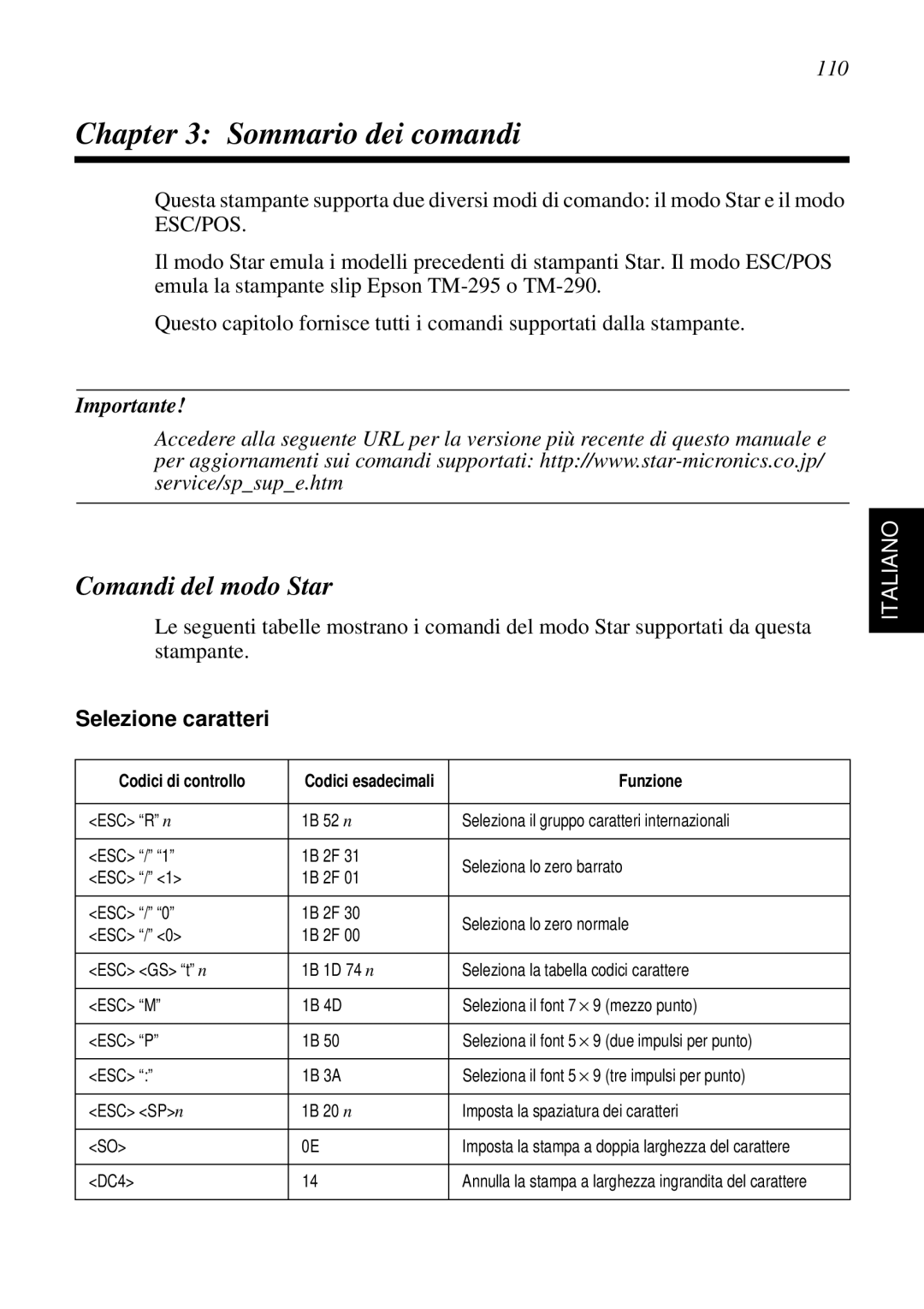 Star Micronics SP298 user manual Sommario dei comandi, Comandi del modo Star, 110, Selezione caratteri 