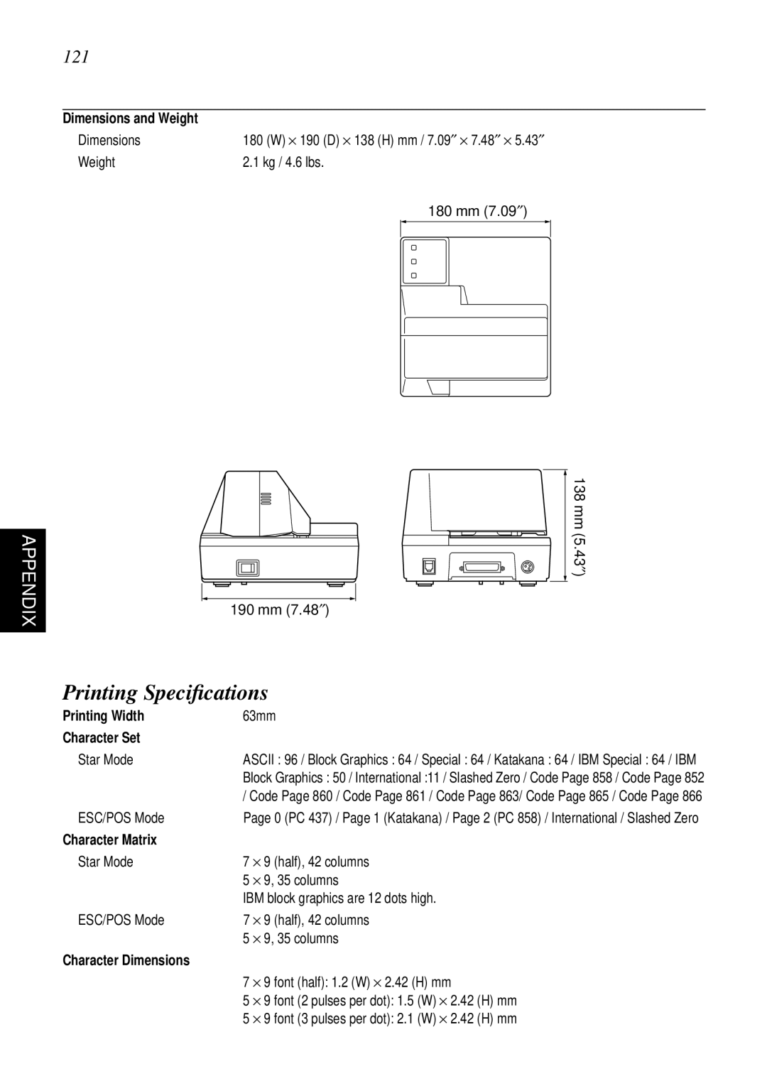 Star Micronics SP298 user manual Printing Speciﬁcations, 121 