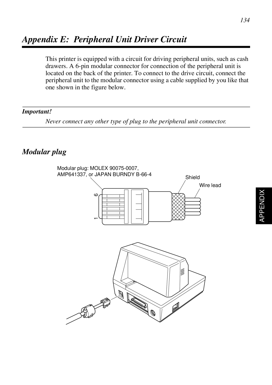 Star Micronics SP298 user manual Appendix E Peripheral Unit Driver Circuit, Modular plug, 134 