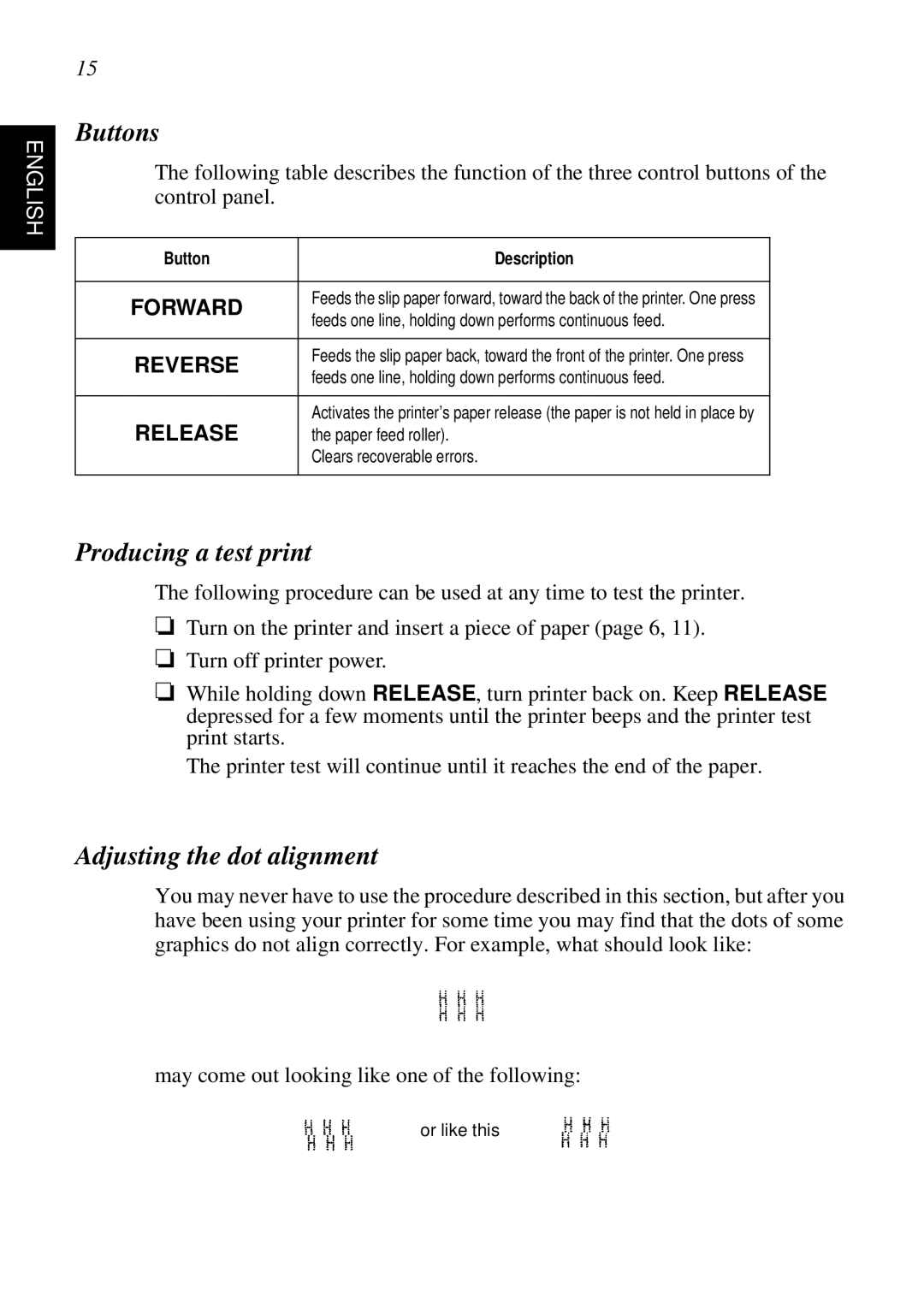 Star Micronics SP298 user manual Buttons, Producing a test print, Adjusting the dot alignment, Button Description 