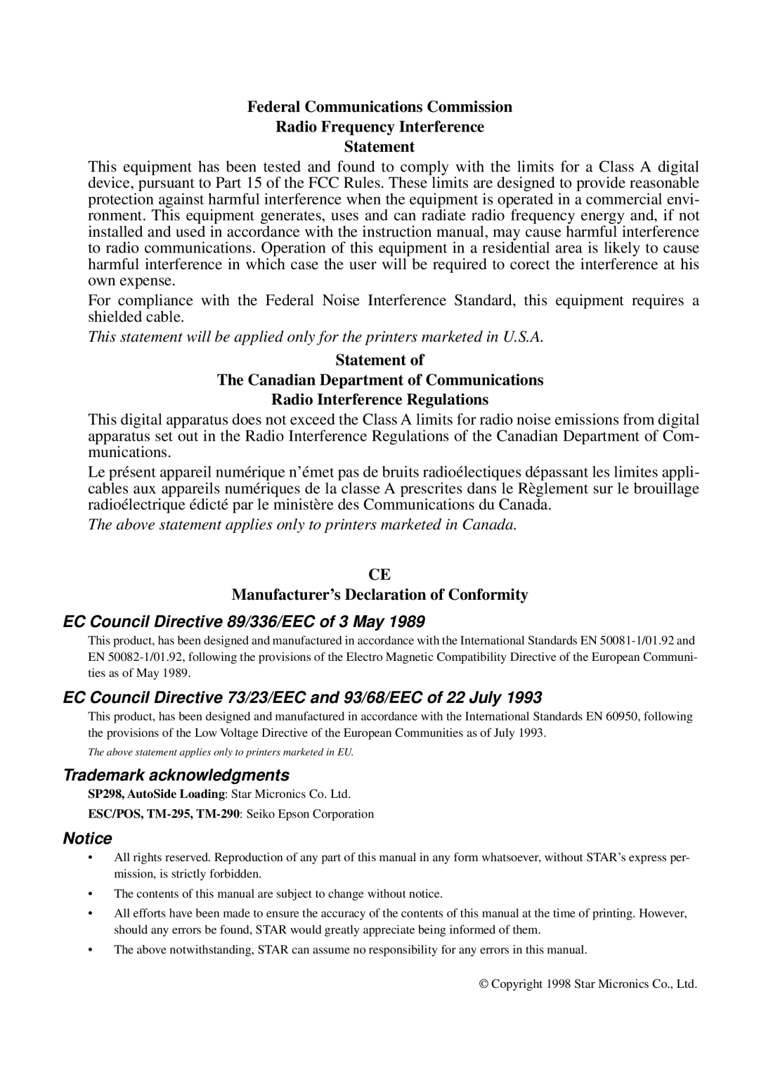 Star Micronics SP298 user manual EC Council Directive 89/336/EEC of 3 May 