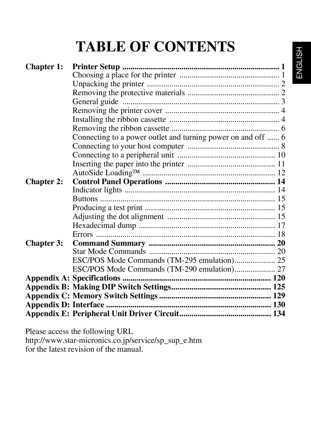 Star Micronics SP298 user manual Table of Contents 