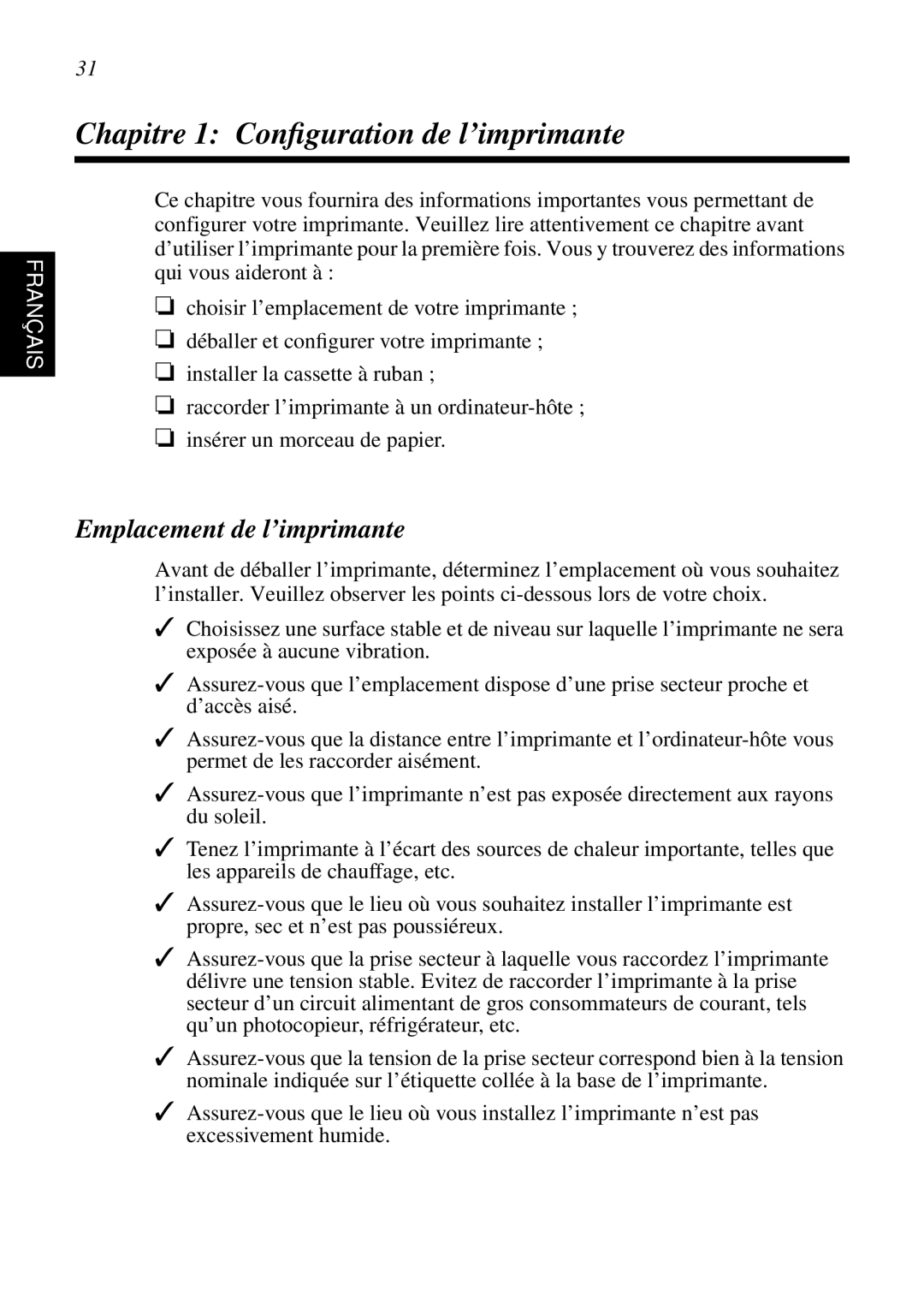 Star Micronics SP298 user manual Chapitre 1 Conﬁguration de l’imprimante, Emplacement de l’imprimante 