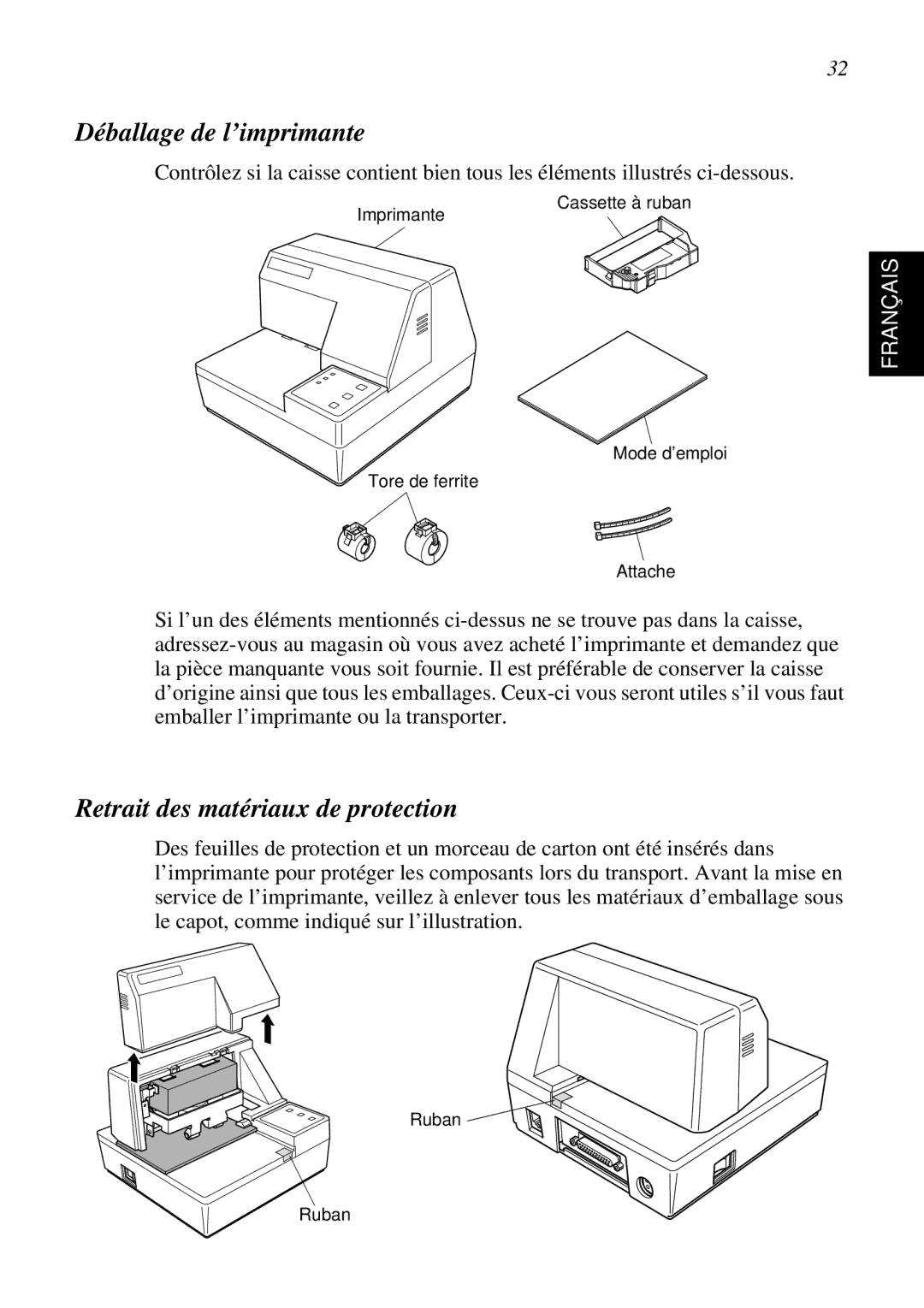 Star Micronics SP298 user manual Déballage de l’imprimante, Retrait des matériaux de protection 