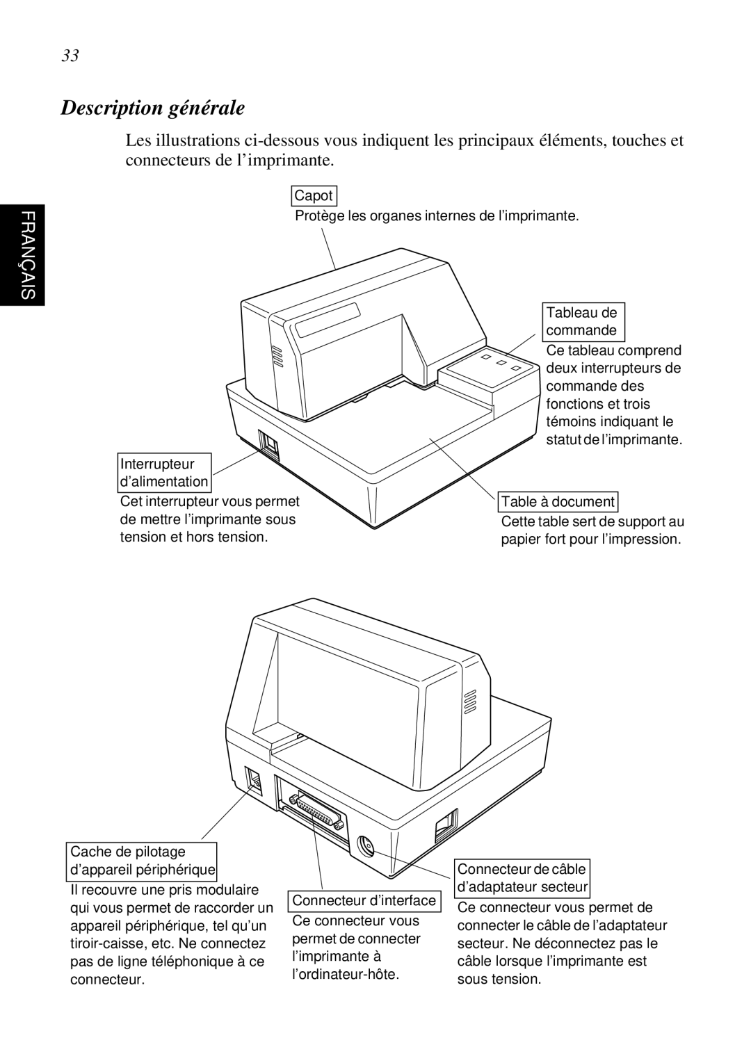 Star Micronics SP298 user manual Description générale, Connecteur de câble d’adaptateur secteur 