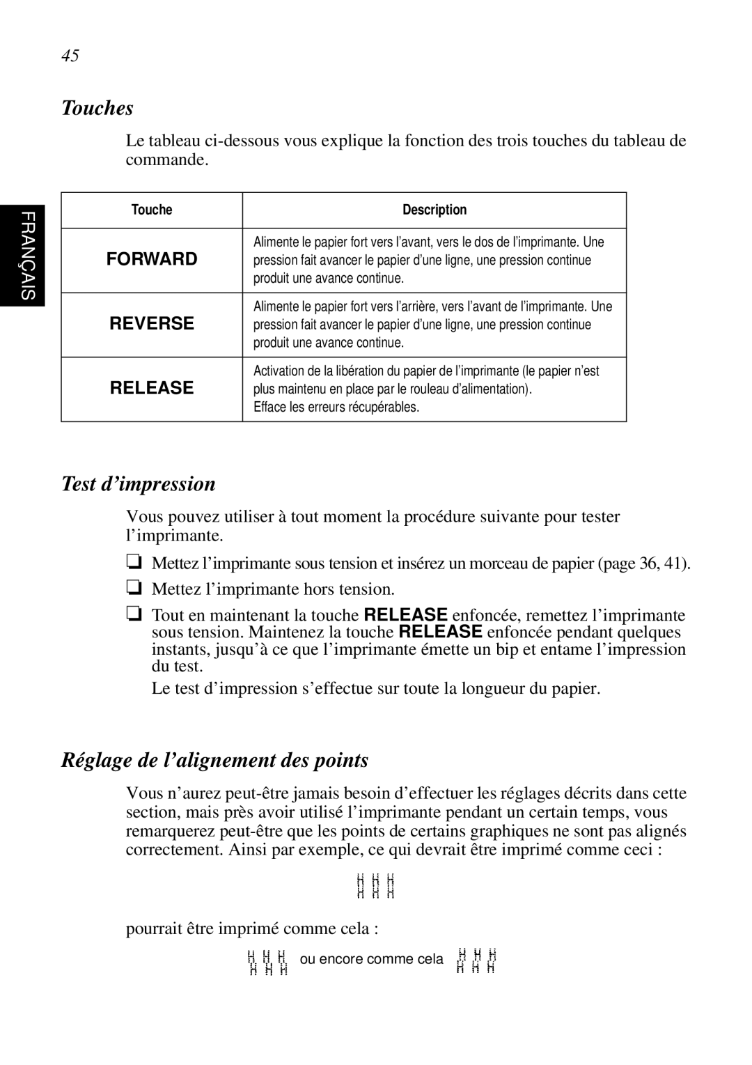 Star Micronics SP298 user manual Touches, Test d’impression, Réglage de l’alignement des points, Touche Description 