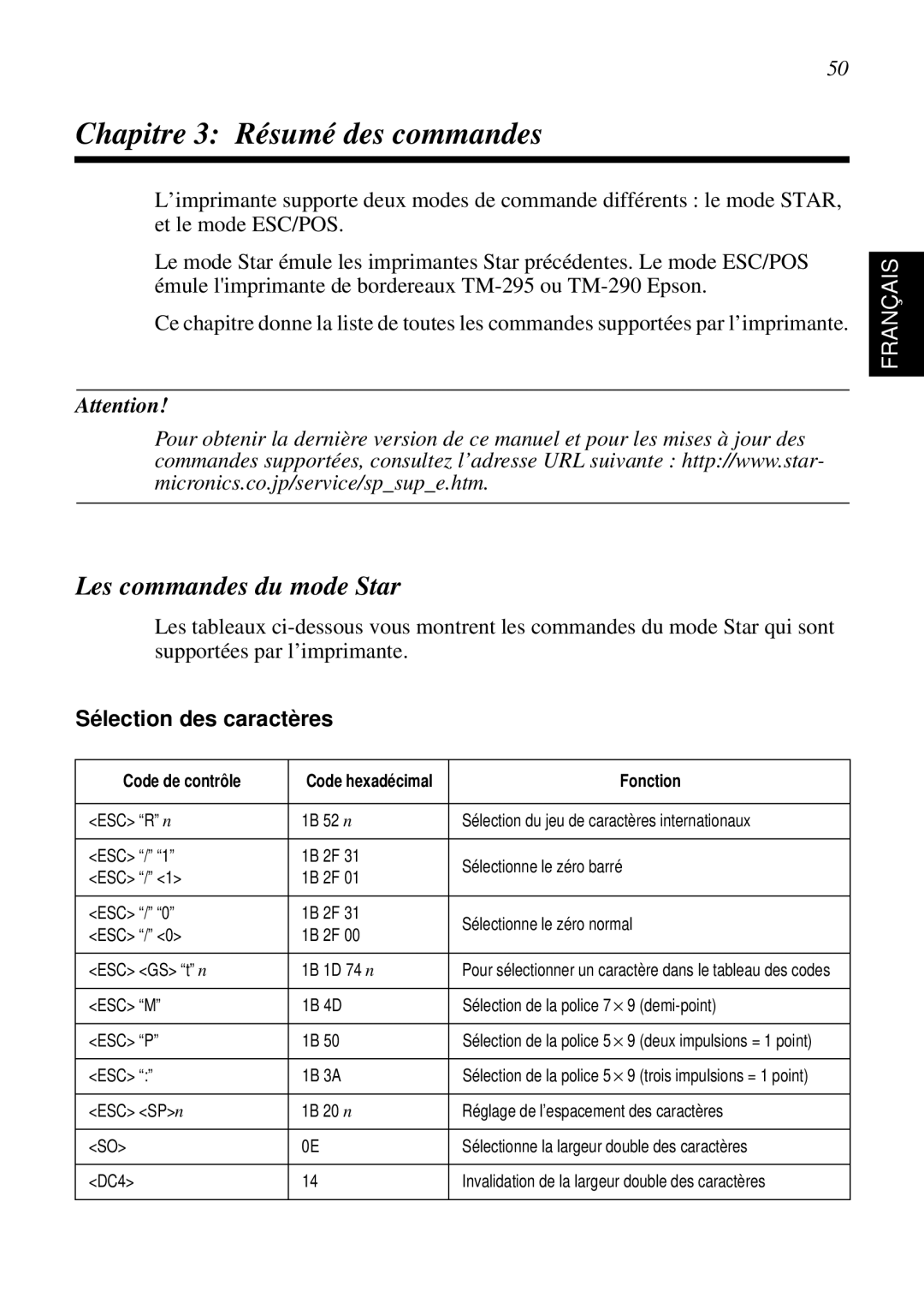 Star Micronics SP298 Chapitre 3 Résumé des commandes, Les commandes du mode Star, Sélection des caractères, Fonction 