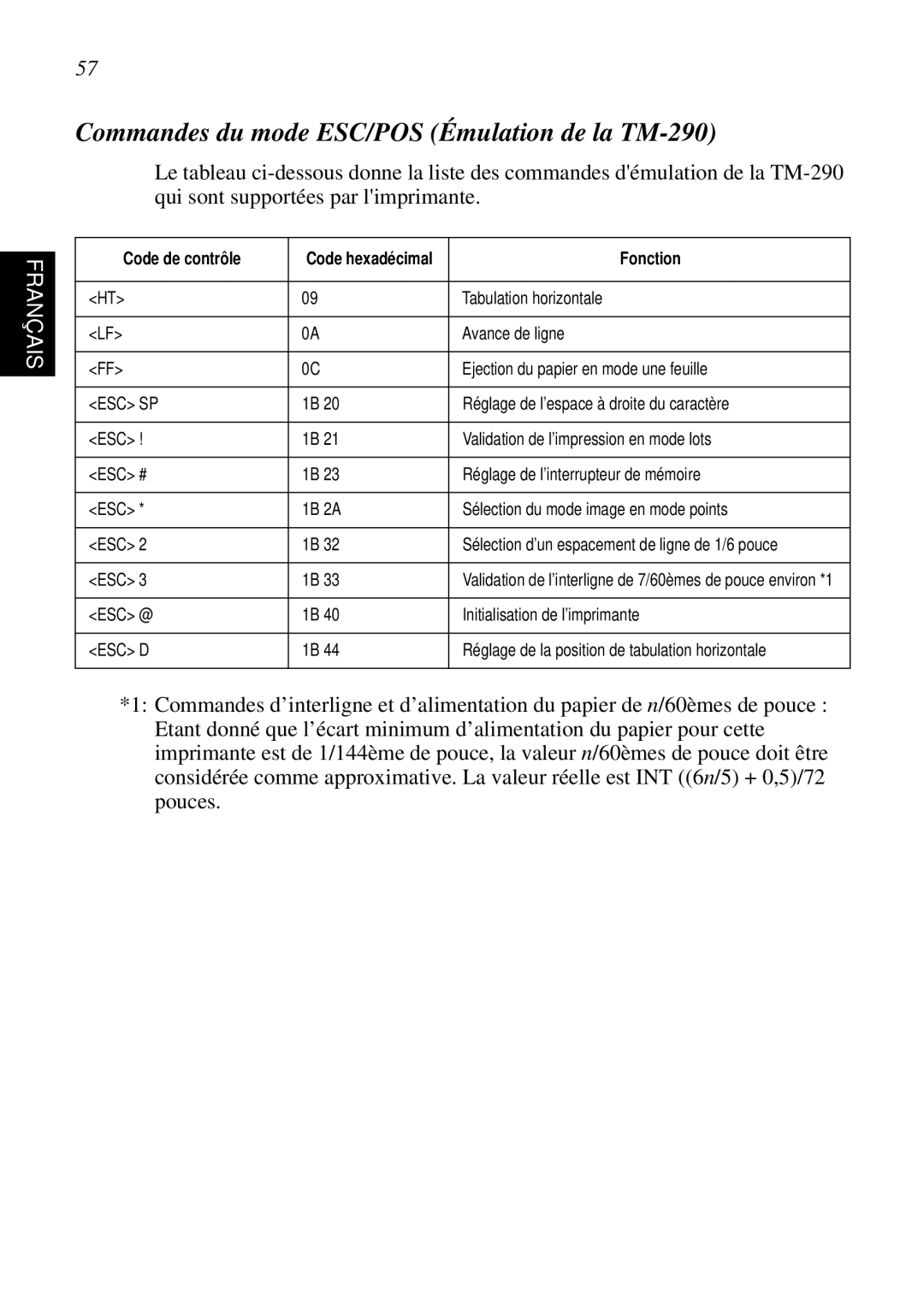 Star Micronics SP298 user manual Commandes du mode ESC/POS Émulation de la TM-290 