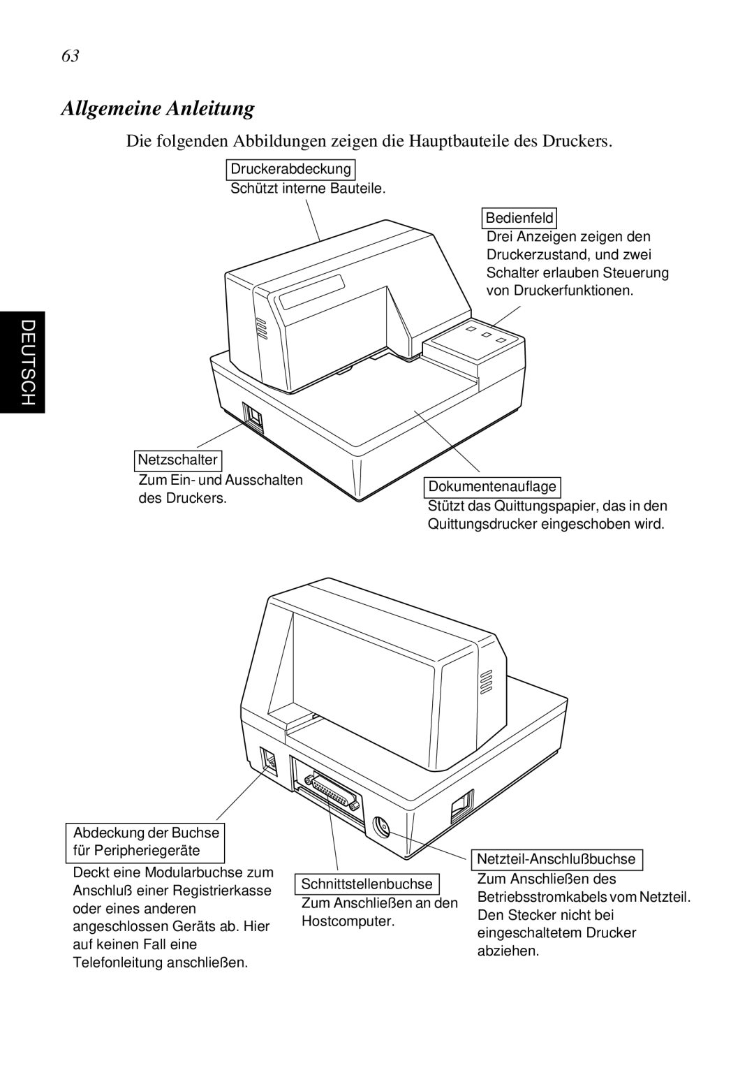 Star Micronics SP298 user manual Allgemeine Anleitung, Abdeckung der Buchse für Peripheriegeräte 