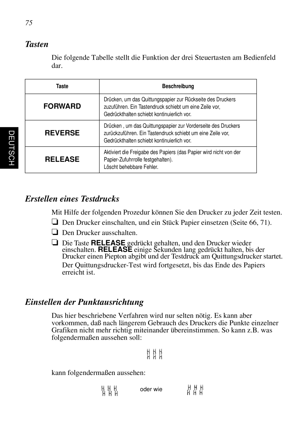 Star Micronics SP298 user manual Tasten, Erstellen eines Testdrucks, Einstellen der Punktausrichtung, Taste Beschreibung 