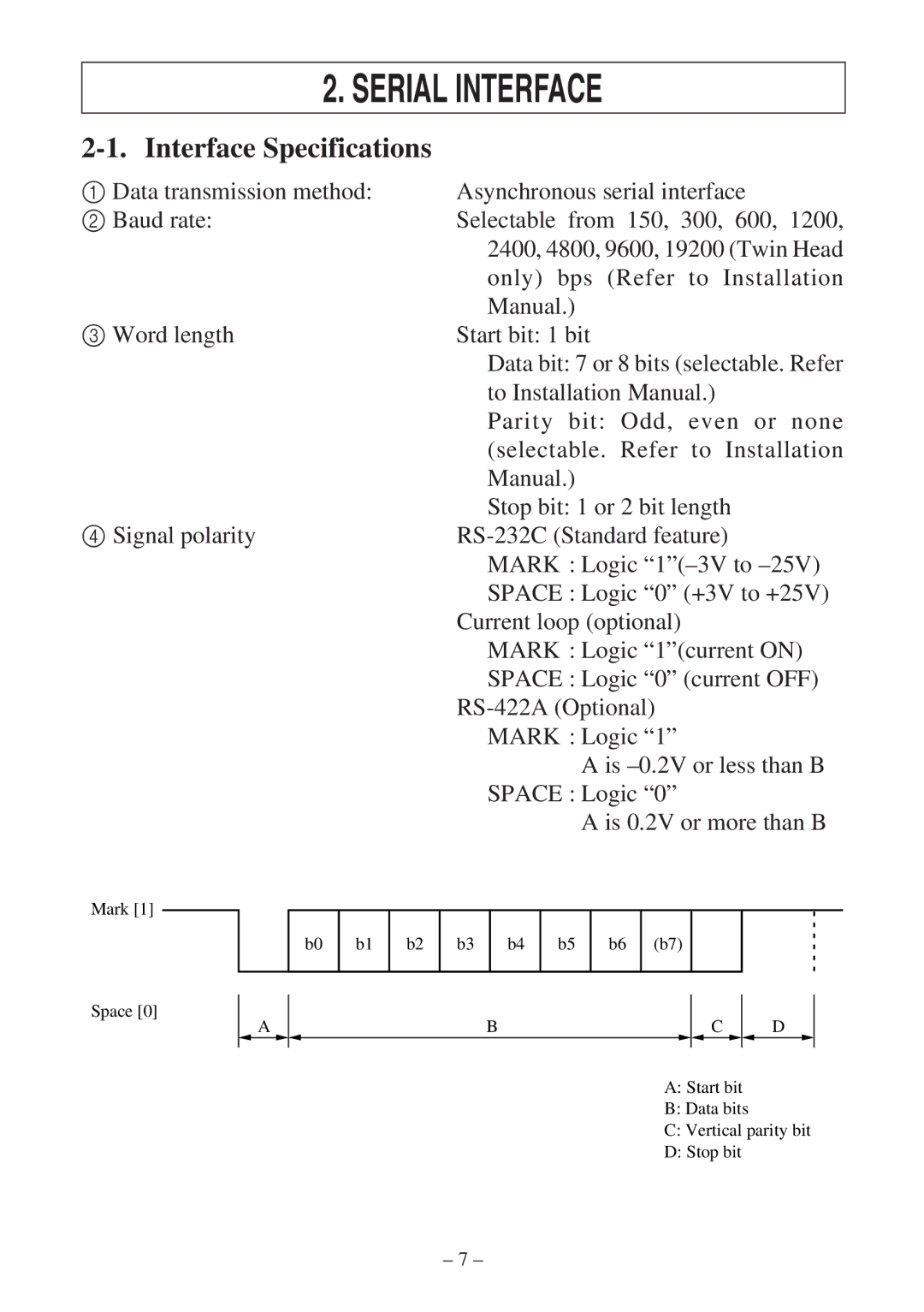 Star Micronics SP300 Series manual Interface Specifications, To Installation Manual, Parity bit Odd, even or none 