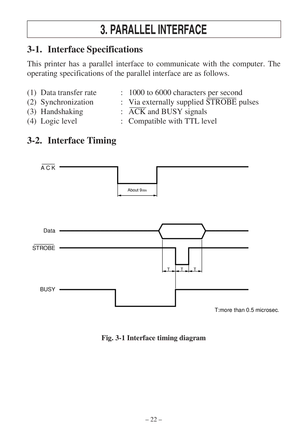 Star Micronics SP300 Series Interface Timing, Pulses, Handshaking Busy signals, Logic level Compatible with TTL level 