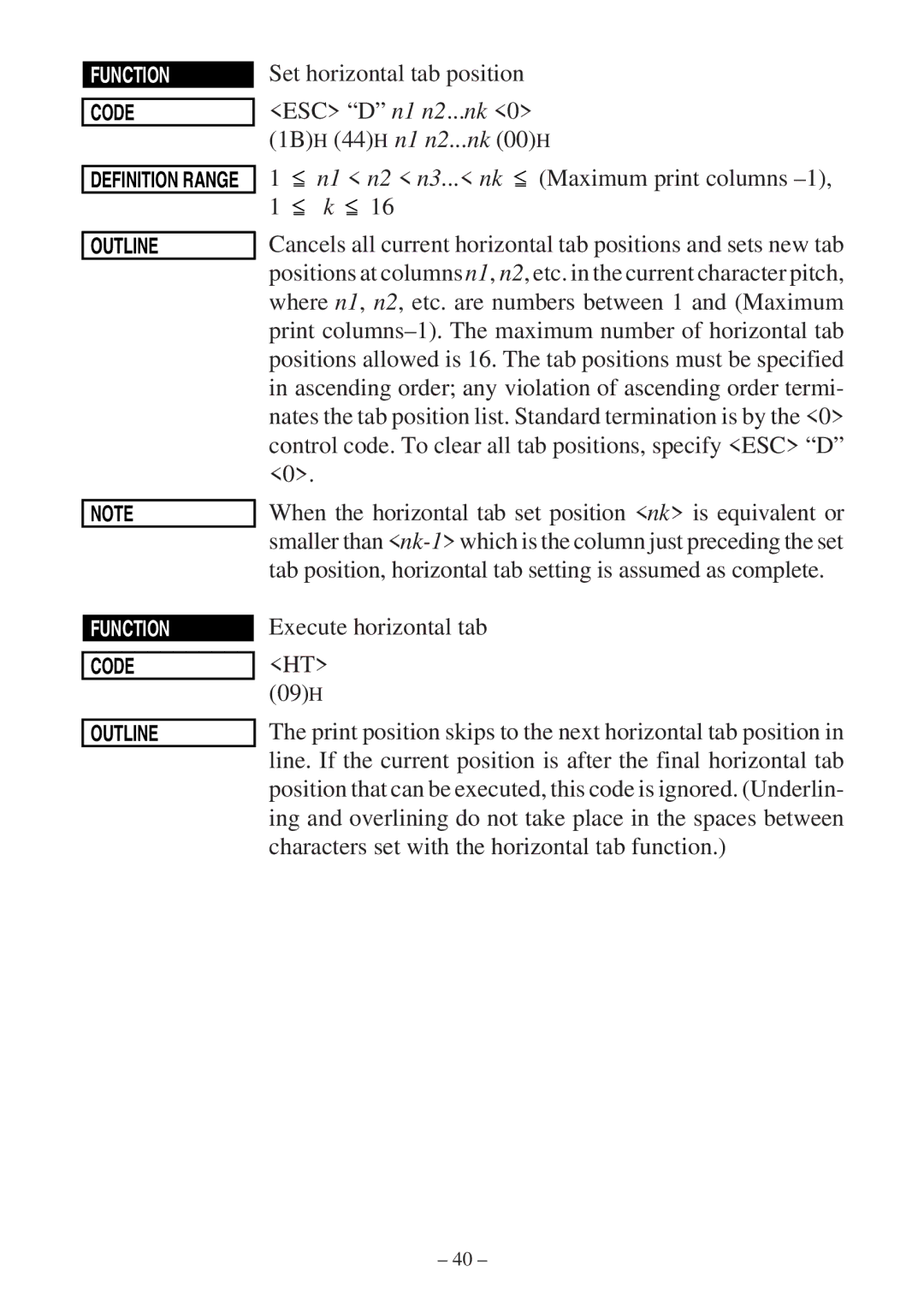 Star Micronics SP300 Series manual Set horizontal tab position 