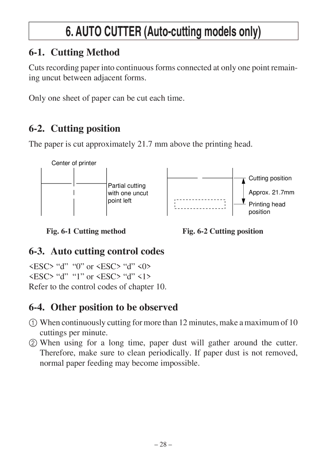 Star Micronics SP300 manual Cutting Method, Cutting position, Auto cutting control codes, Other position to be observed 