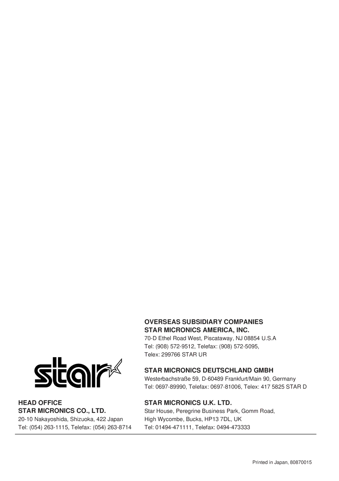 Star Micronics SP312F, SP342F-A manual Overseas Subsidiary Companies Star Micronics AMERICA, INC 