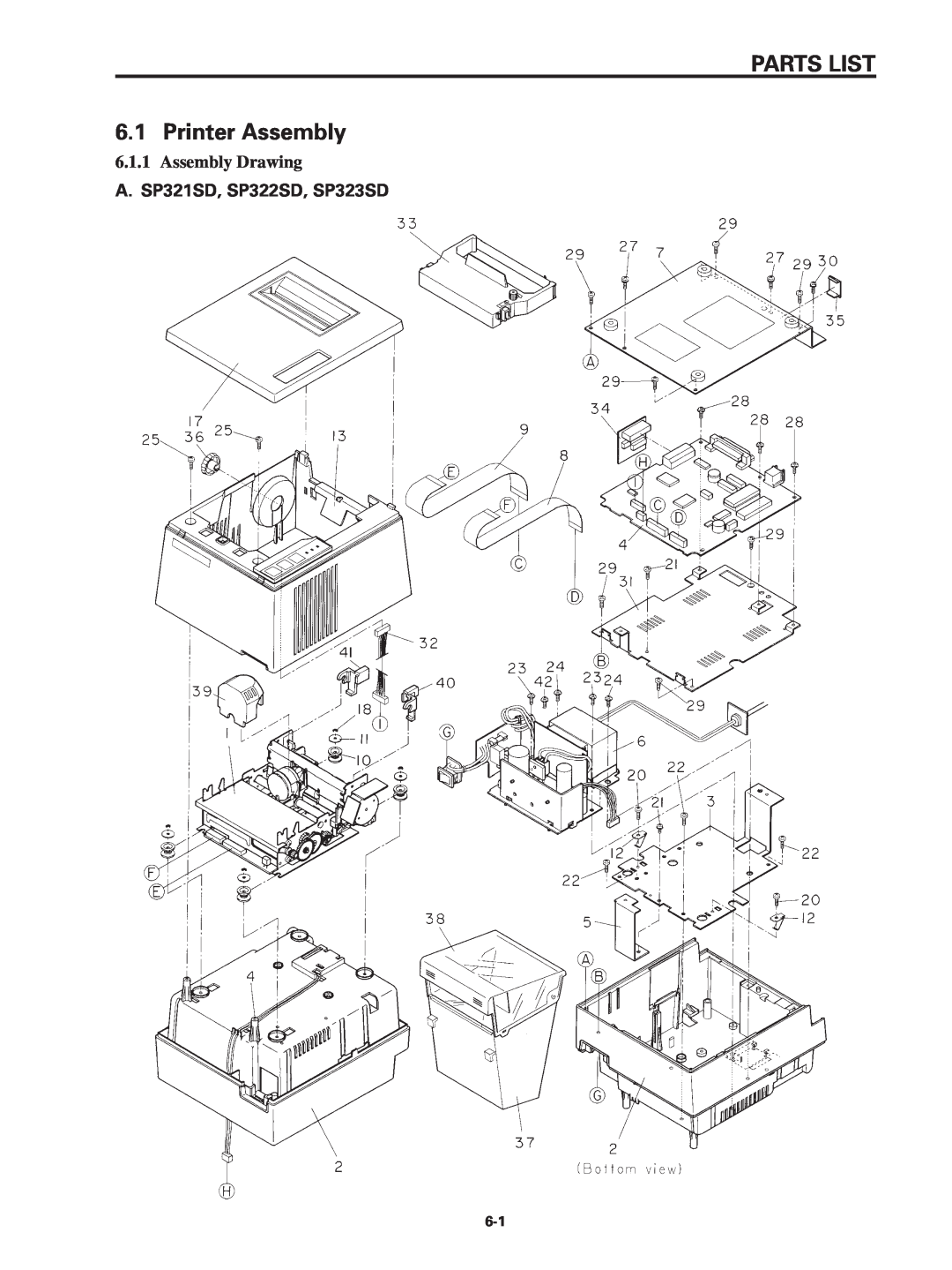 Star Micronics SP320S technical manual PARTS LIST 6.1 Printer Assembly, Assembly Drawing, A. SP321SD, SP322SD, SP323SD 