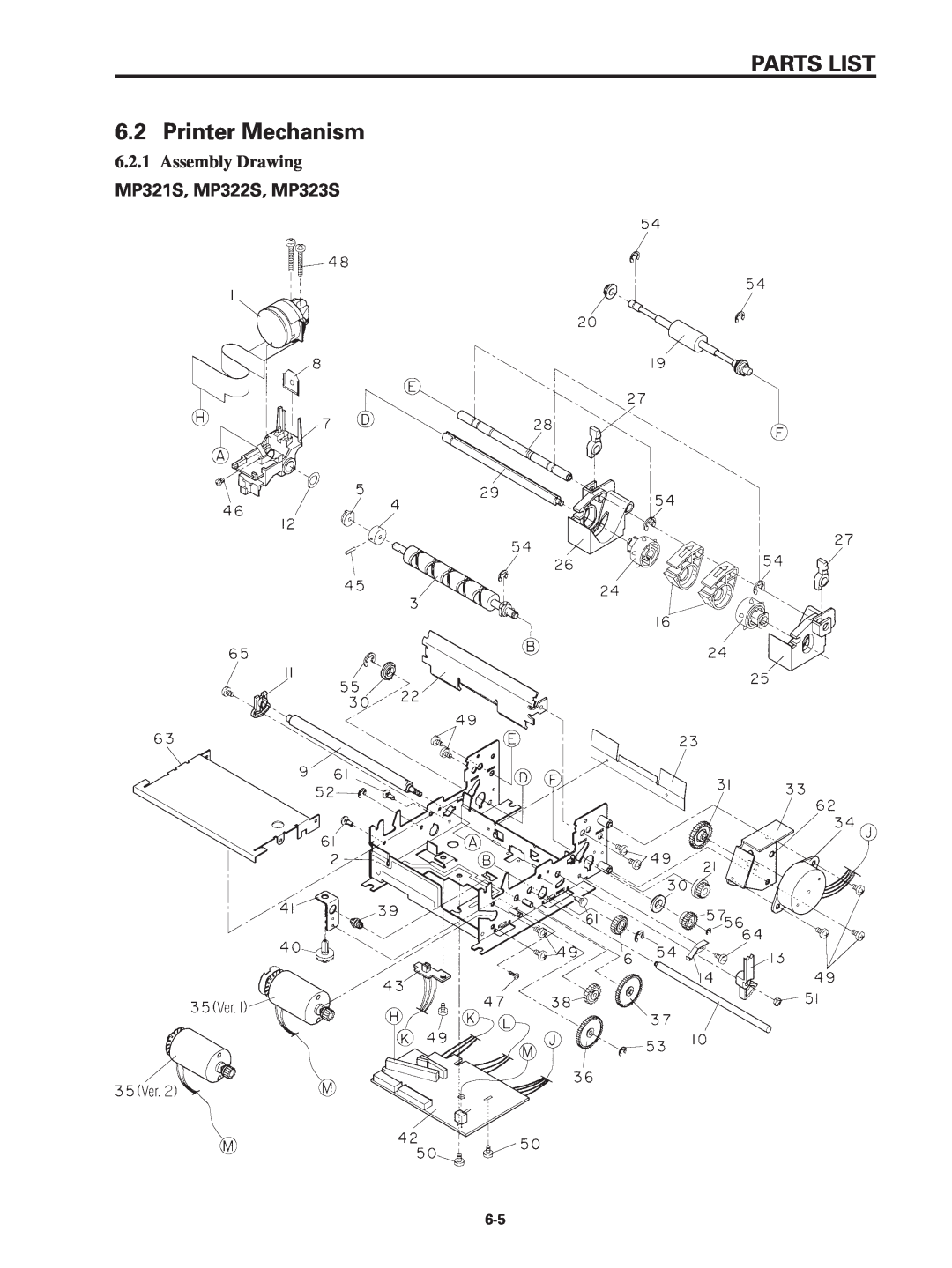 Star Micronics SP320S technical manual PARTS LIST 6.2 Printer Mechanism, Assembly Drawing, MP321S, MP322S, MP323S 