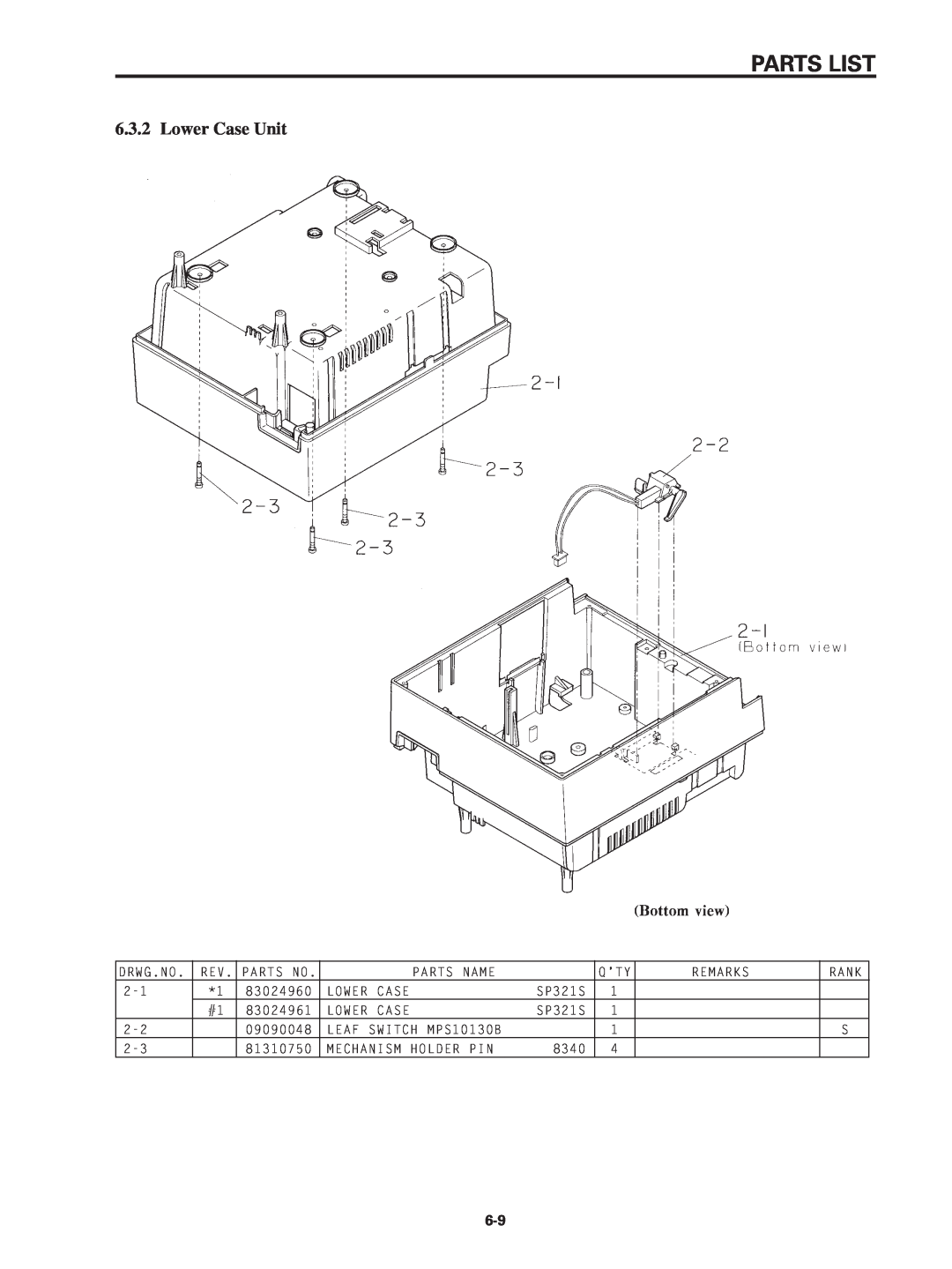 Star Micronics SP320S technical manual Lower Case Unit, Parts List 